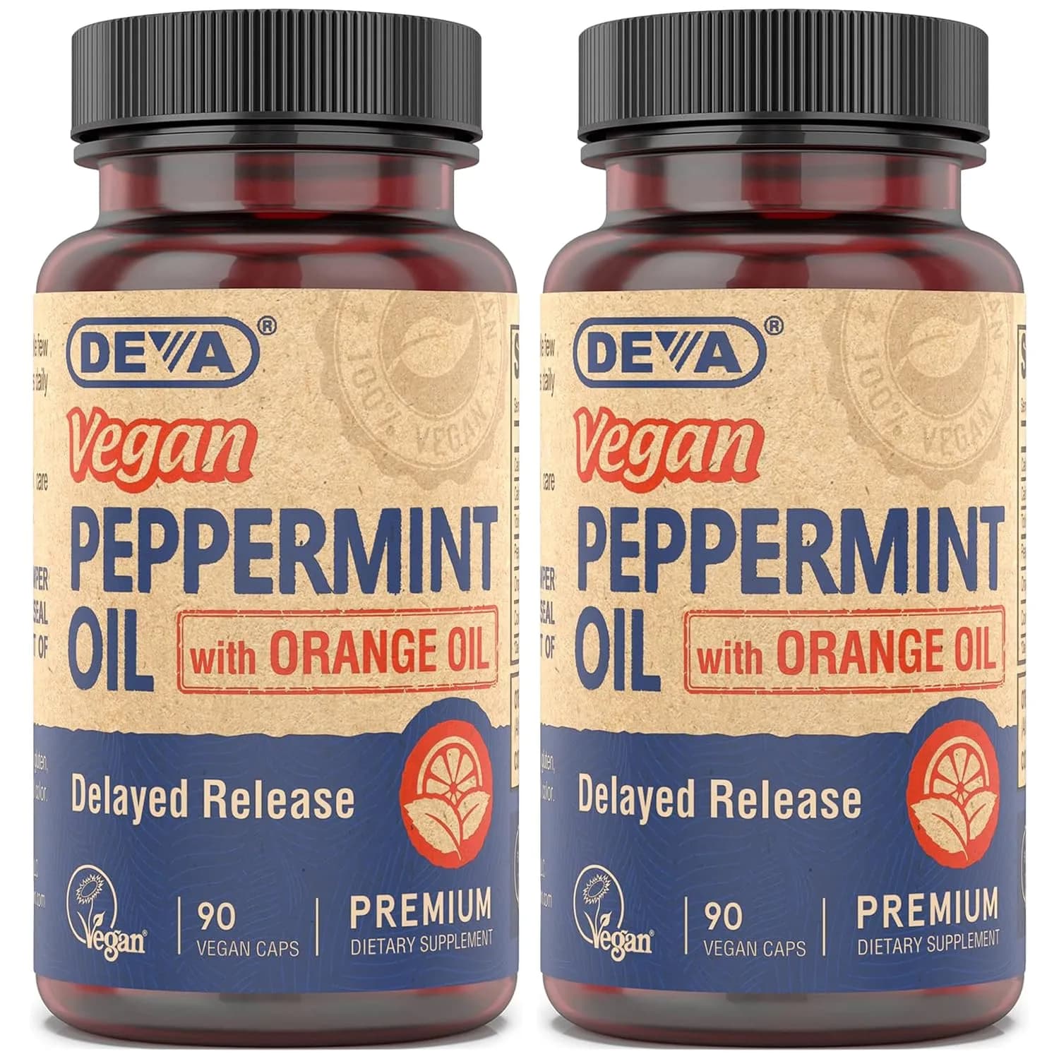 DEVA Vegan Peppermint Oil Capsules, Delayed Release, 2-Pack with Organic Orange & Coconut Oils, 90 Count Ea
