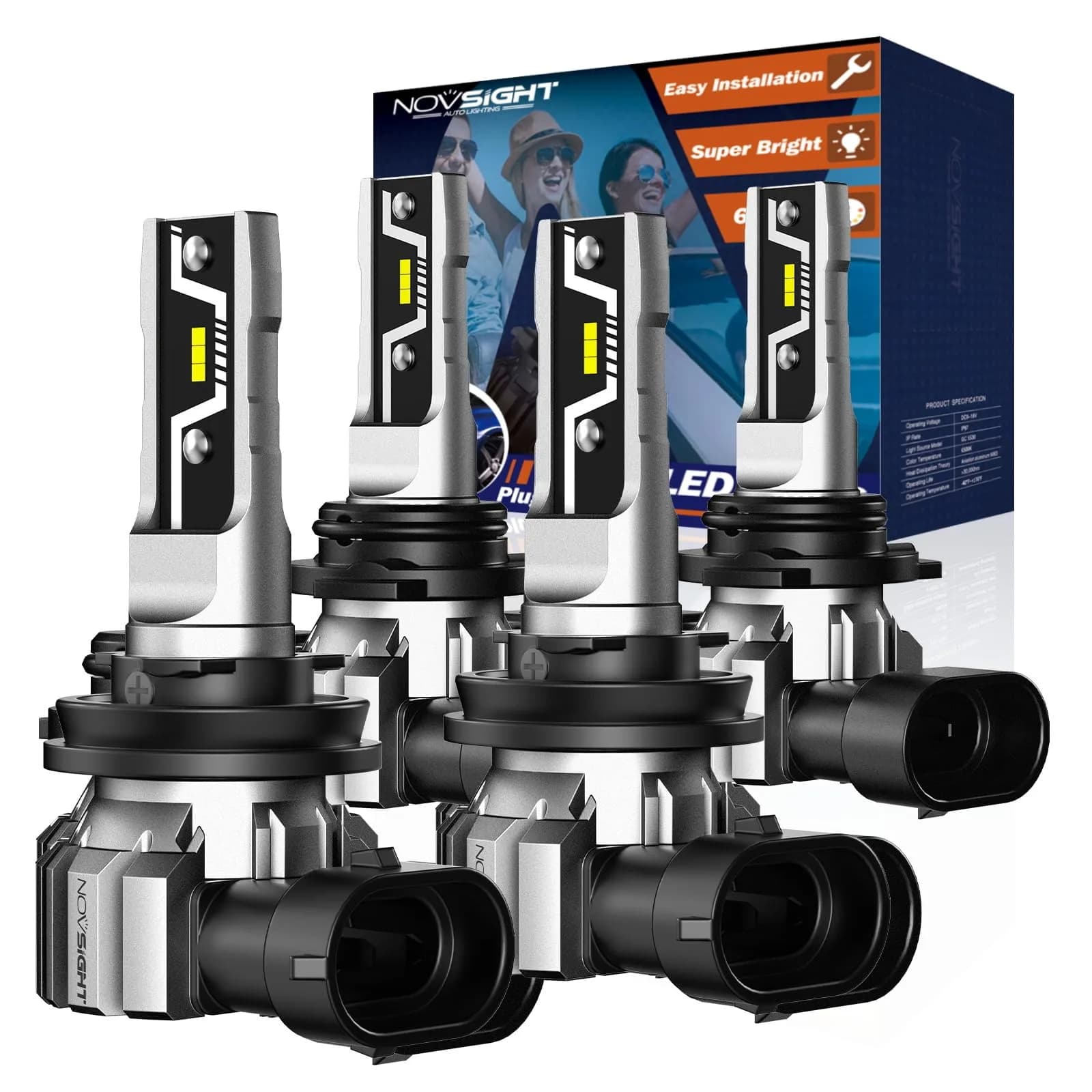 NOVSIGHT H11 9005 LED Fog Light Bulbs | 50,000 Lumens, 6500K White, Fanless, Plug & Play, Pack of 4