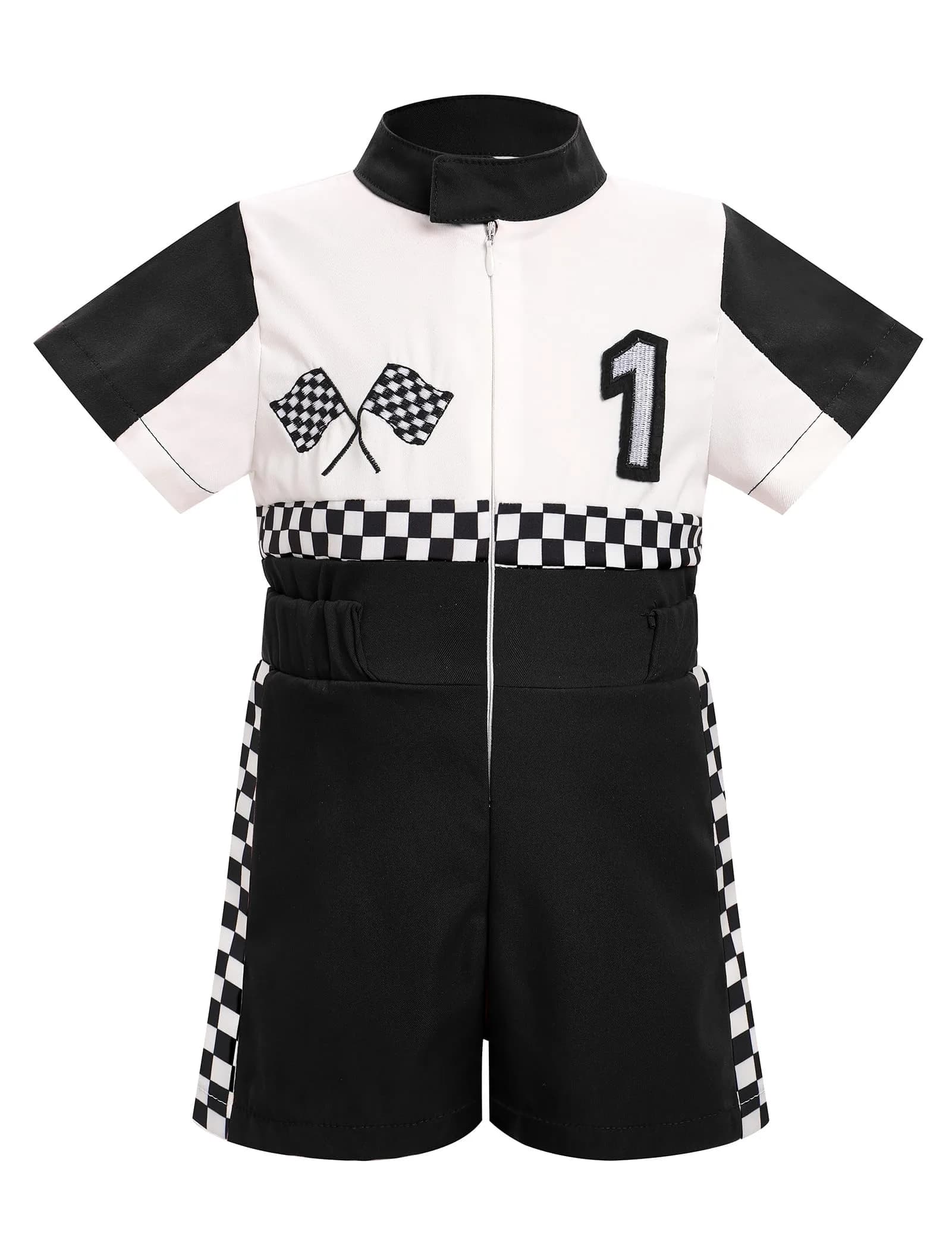 IWEMEK Baby Boy Race Car Driver Outfit 1st Birthday Party Fast One Birthday Outfit Kids Race Car Driver Romper Girls Boys Racer Jumpsuit Toddler Speed Racing Suit Black 9-12 Months - main product image