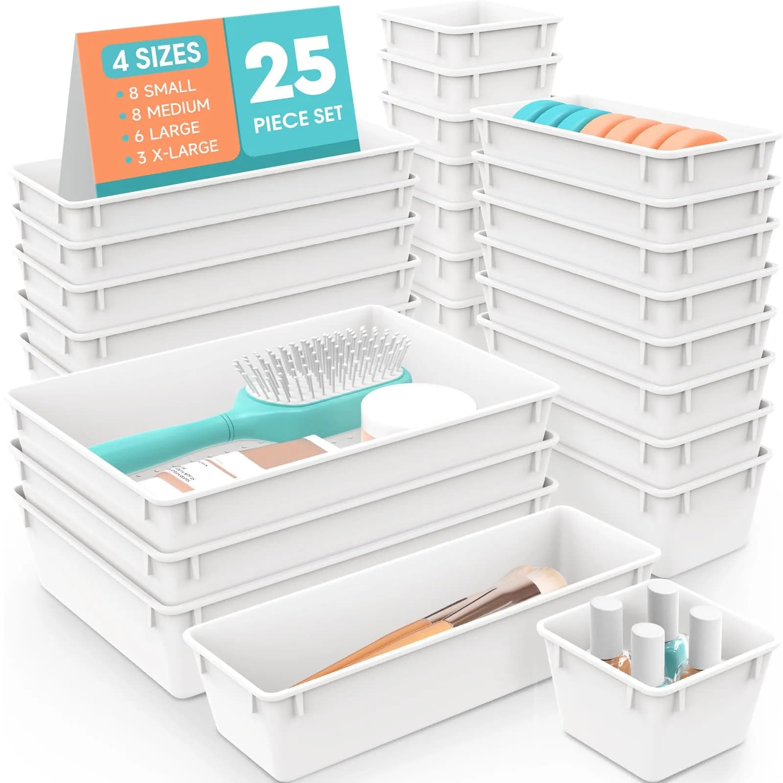 WOWBOX 25 PCS Plastic Drawer Organizer Set, 4 Sizes White | Bulk Pack Caddy for Students - main product image