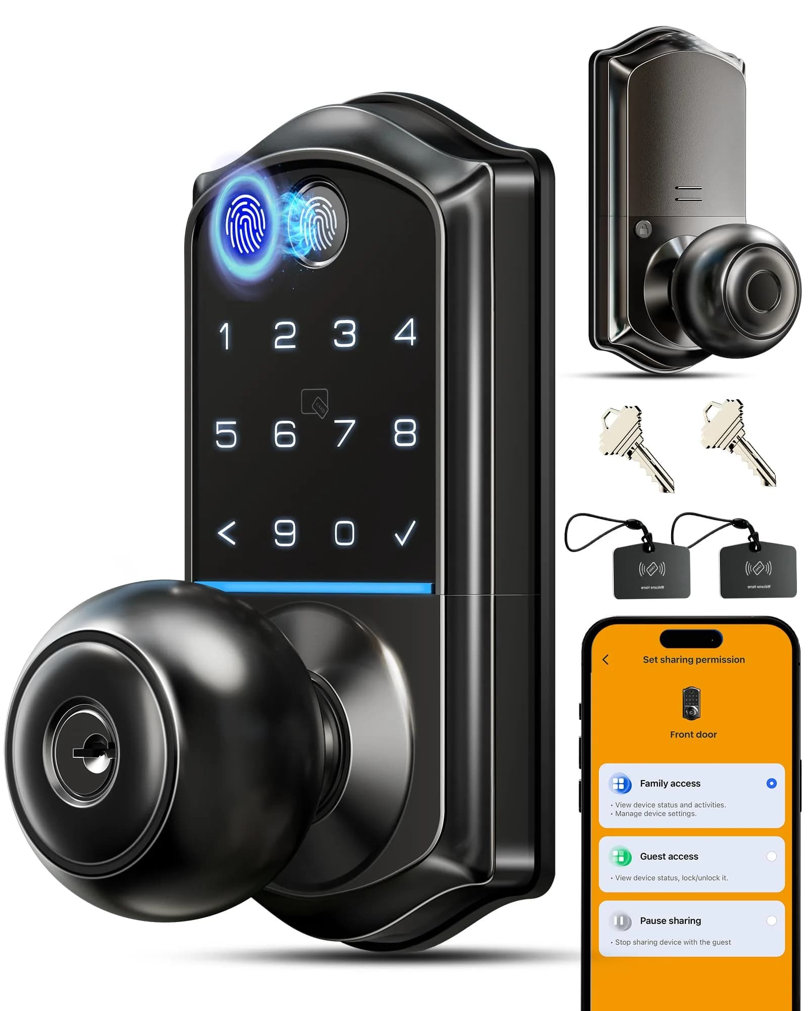 Veise VE018 Smart Door Knob Handle Lock with Fingerprint Keypad, Matte Black, 1-Pack
