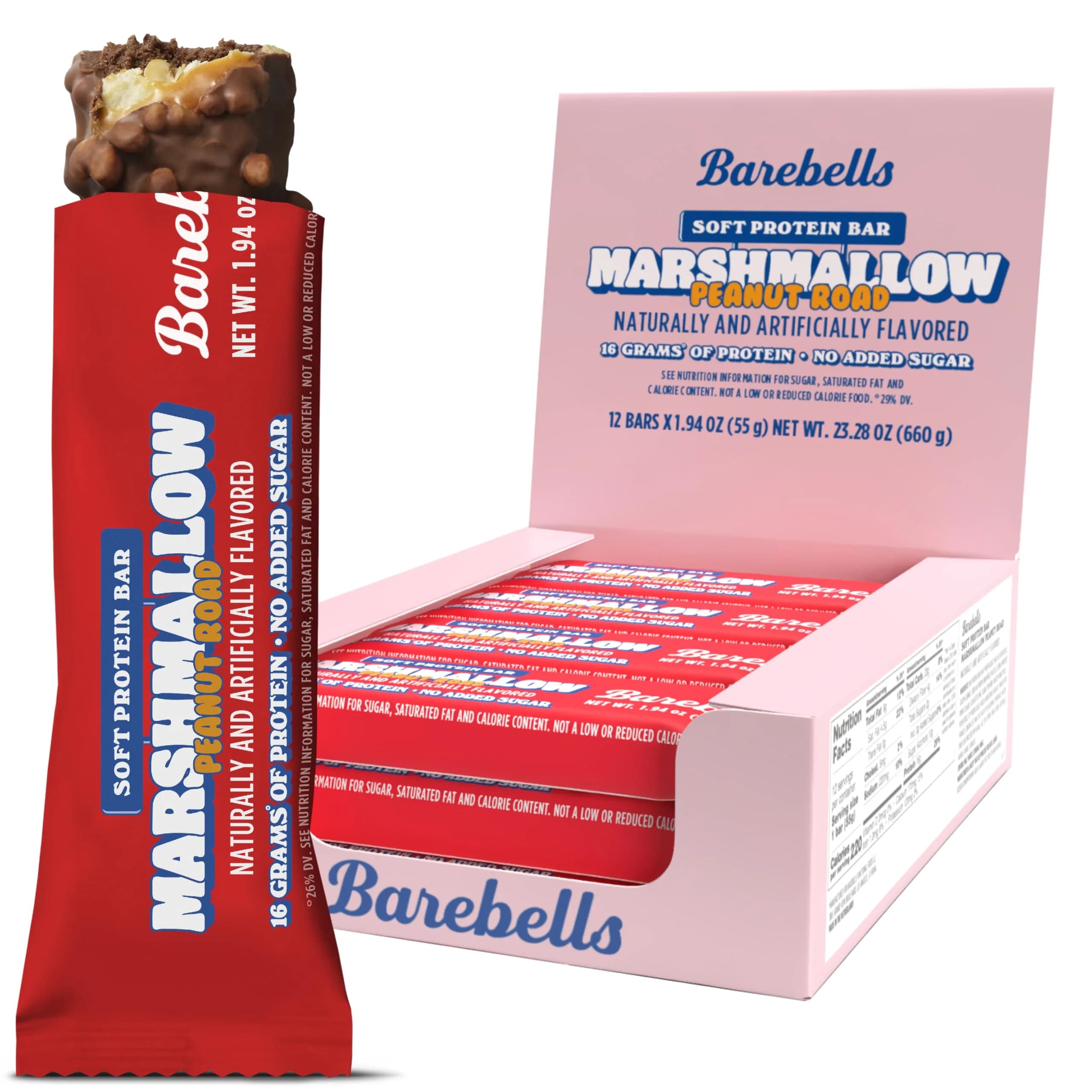 BAREBELLS Soft Protein Bar Marshmallow Peanut Road (12 Count, 1.9oz Each) | High Protein Snack for Gym-Goers - main product image