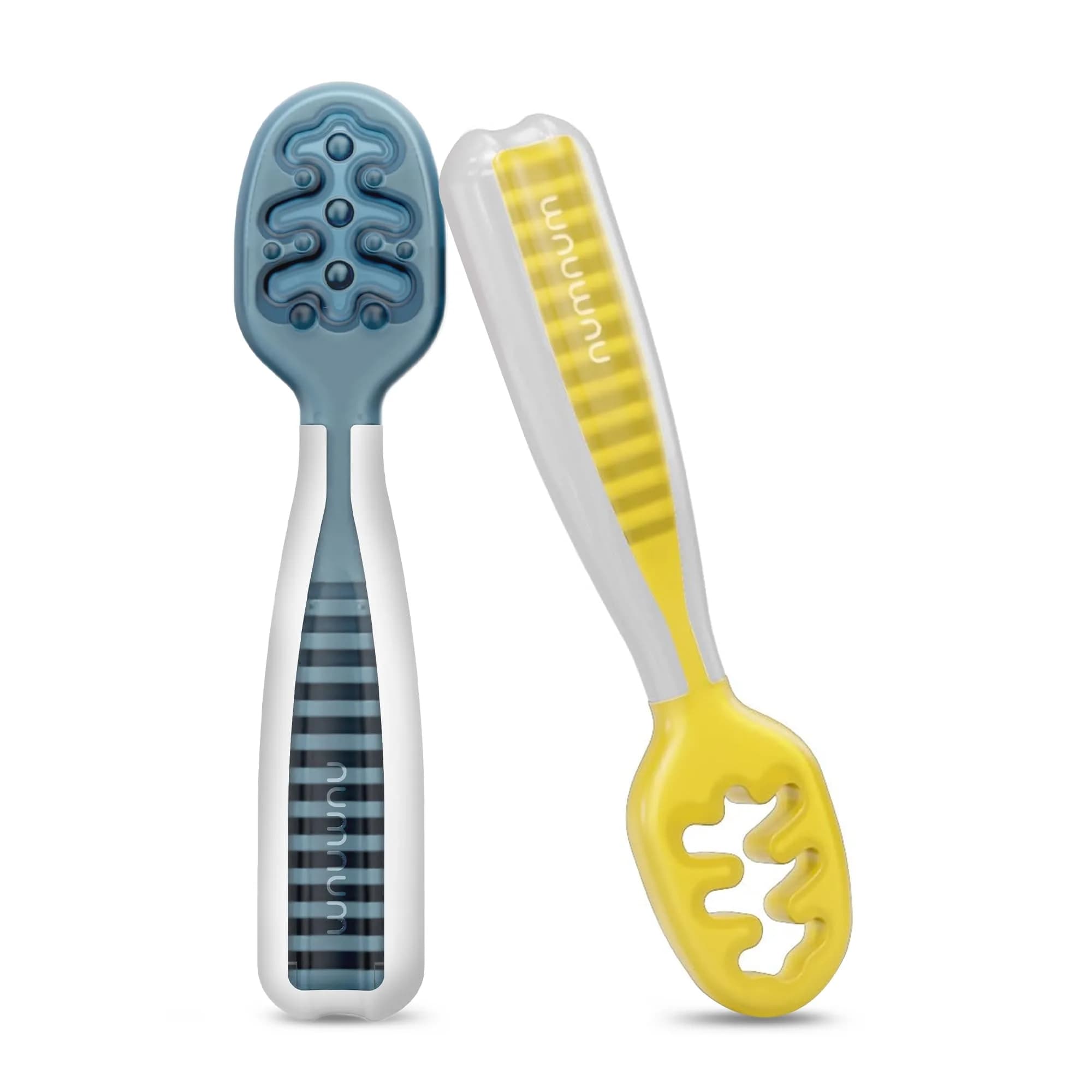 NumNum Baby Spoons Self Feeding 6 Months, 2-Pack Blue/Yellow | Pediatric OT Recommended for Baby-Led Weaning - main product image