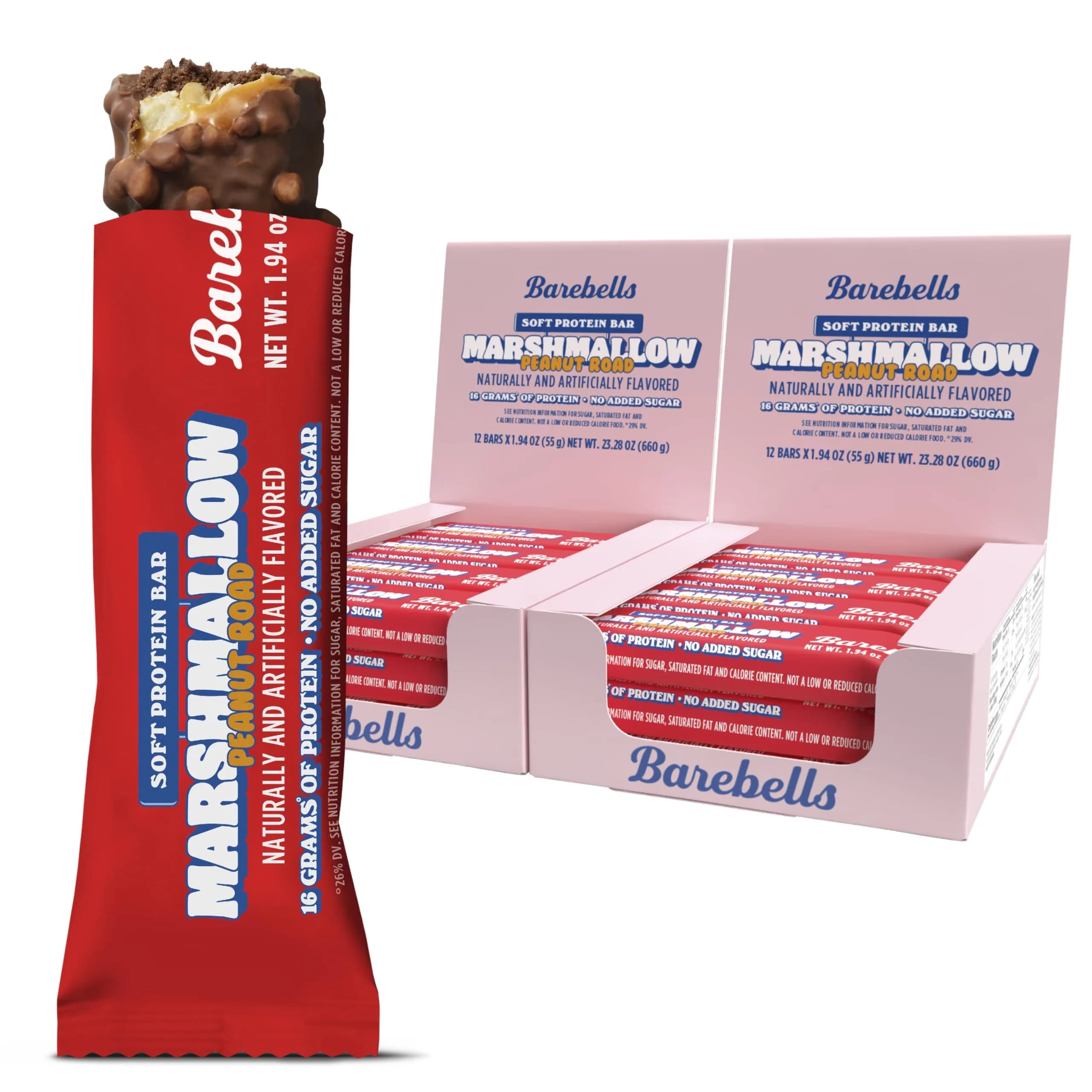 BAREBELLS Marshmallow Peanut Road Soft Protein Bars, 24 Bars | High Protein, No Added Sugar Treat - main product image