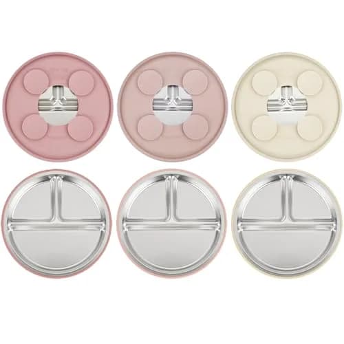 PandaEar 3 Pack Stainless Steel Baby Suction Plates | Divided Toddler Plate for Baby Led Weaning, Non-Slip, Dishwasher Safe (Linen/Brown/Tan)