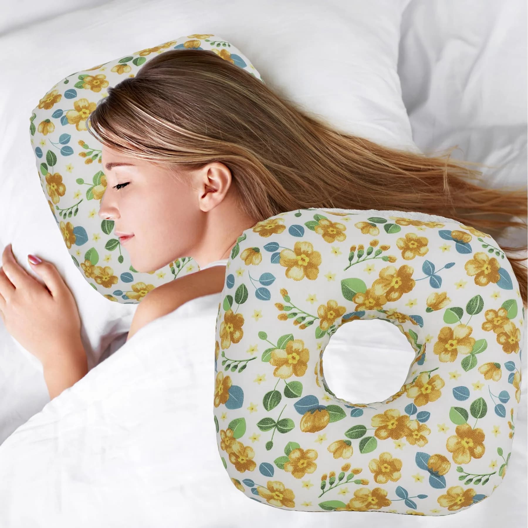 Wuronsa Ear Piercing Pillow with Hole for Cartilage Piercings, CNH Support | Adjustable Cotton Pillow for Side Sleepers (Yellow, 9-inch)