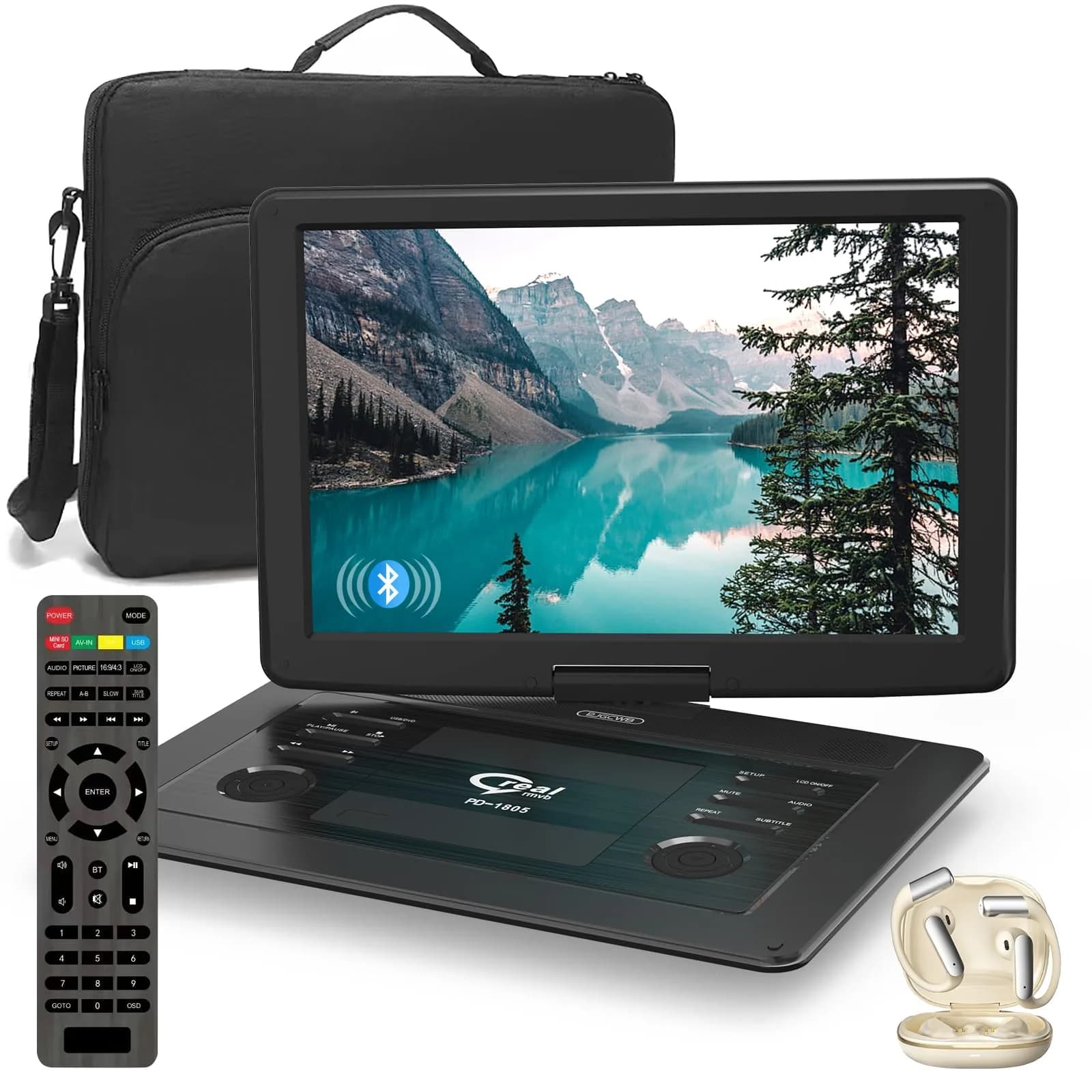 PJGCWB 15.6" Portable DVD Player with Bluetooth Headset & Carrying Bag | 1280x800 HD Swivel Screen, 5-Hour Battery - main product image