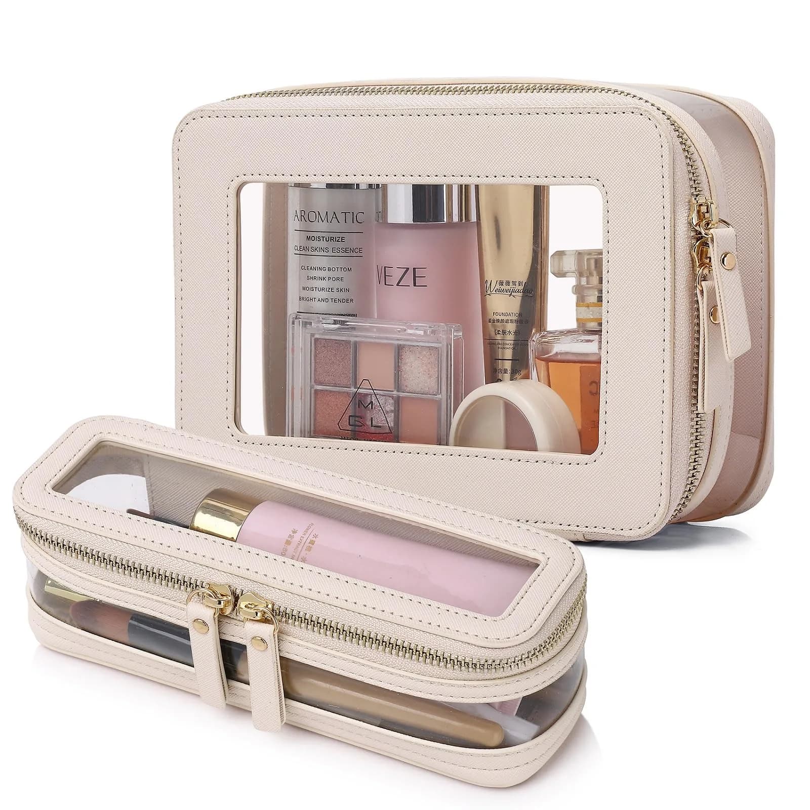Pinkmik Clear Makeup Bag with Brush Case, Beige 2-Piece Set | TSA Approved Travel Toiletry Organizer - main product image