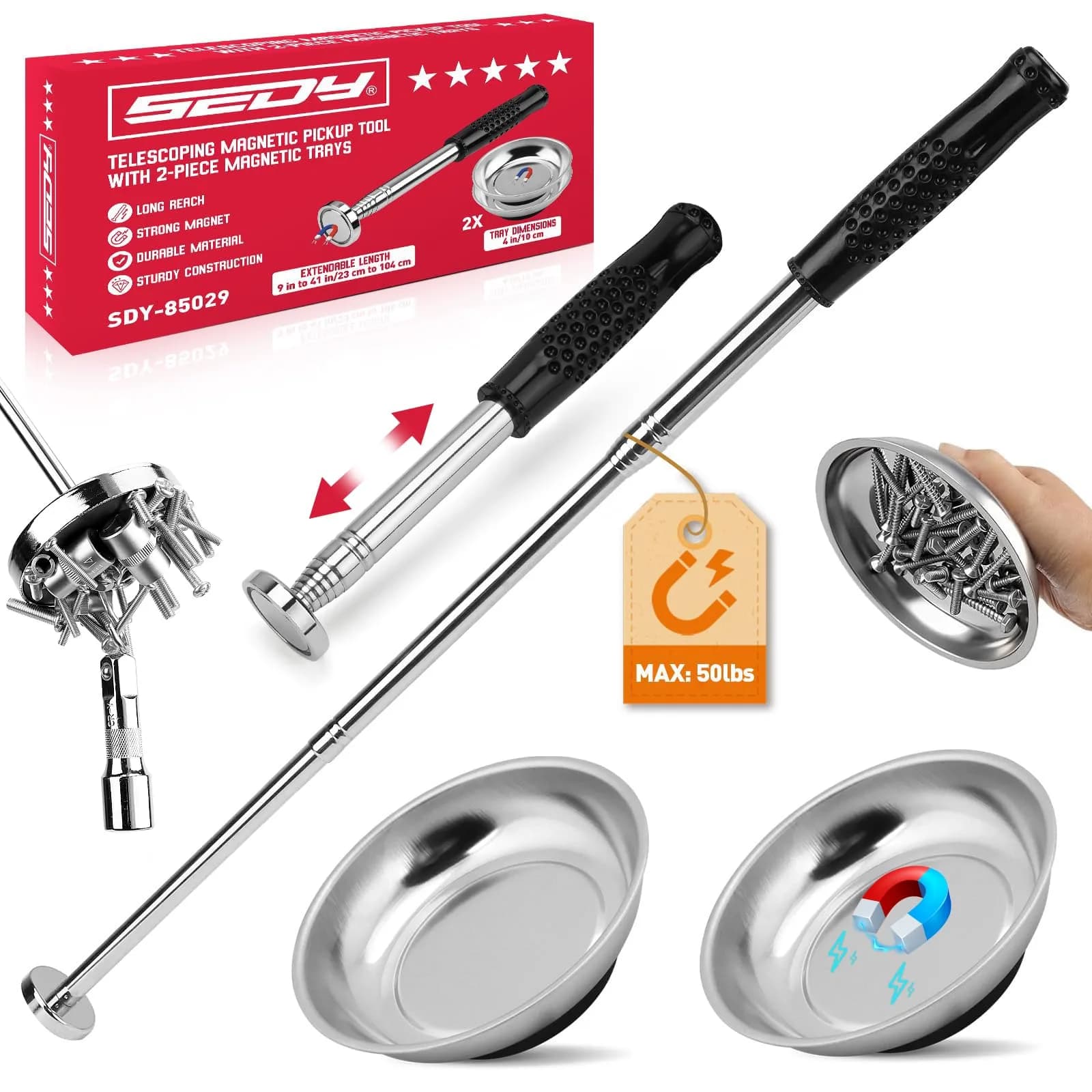 SEDY Telescoping Magnetic Pickup Tool 3 Pack with Parts Tray, 41in Extendable Magnet Stick, 50lb Pull Force | Workshop & Garage Essentials