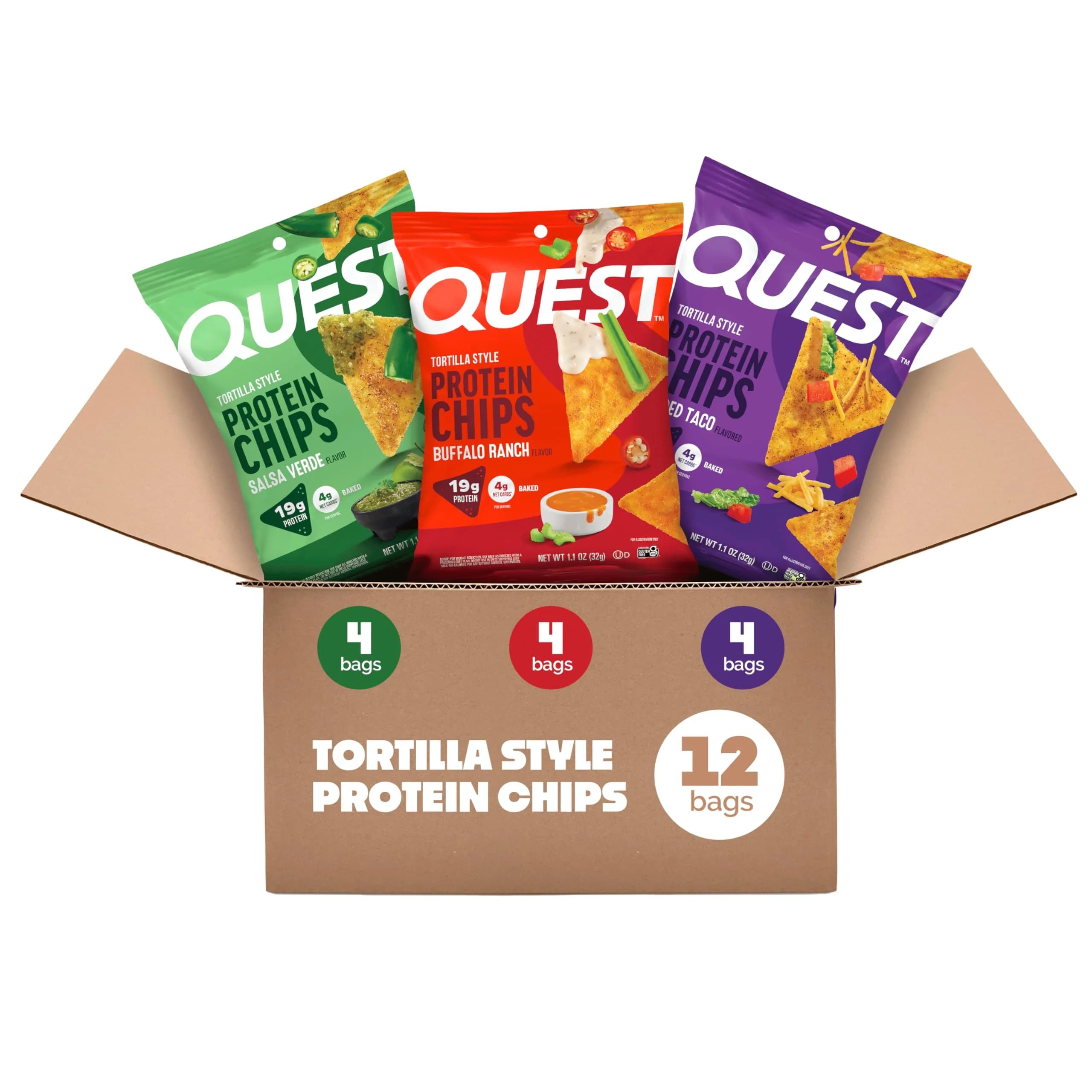 Quest Game Day Tortilla Style Protein Chips Variety Pack Buffalo Ranch Salsa Verde Loaded Taco 12x1.1oz | Protein-Rich Snack for Active Lifestyles - main product image