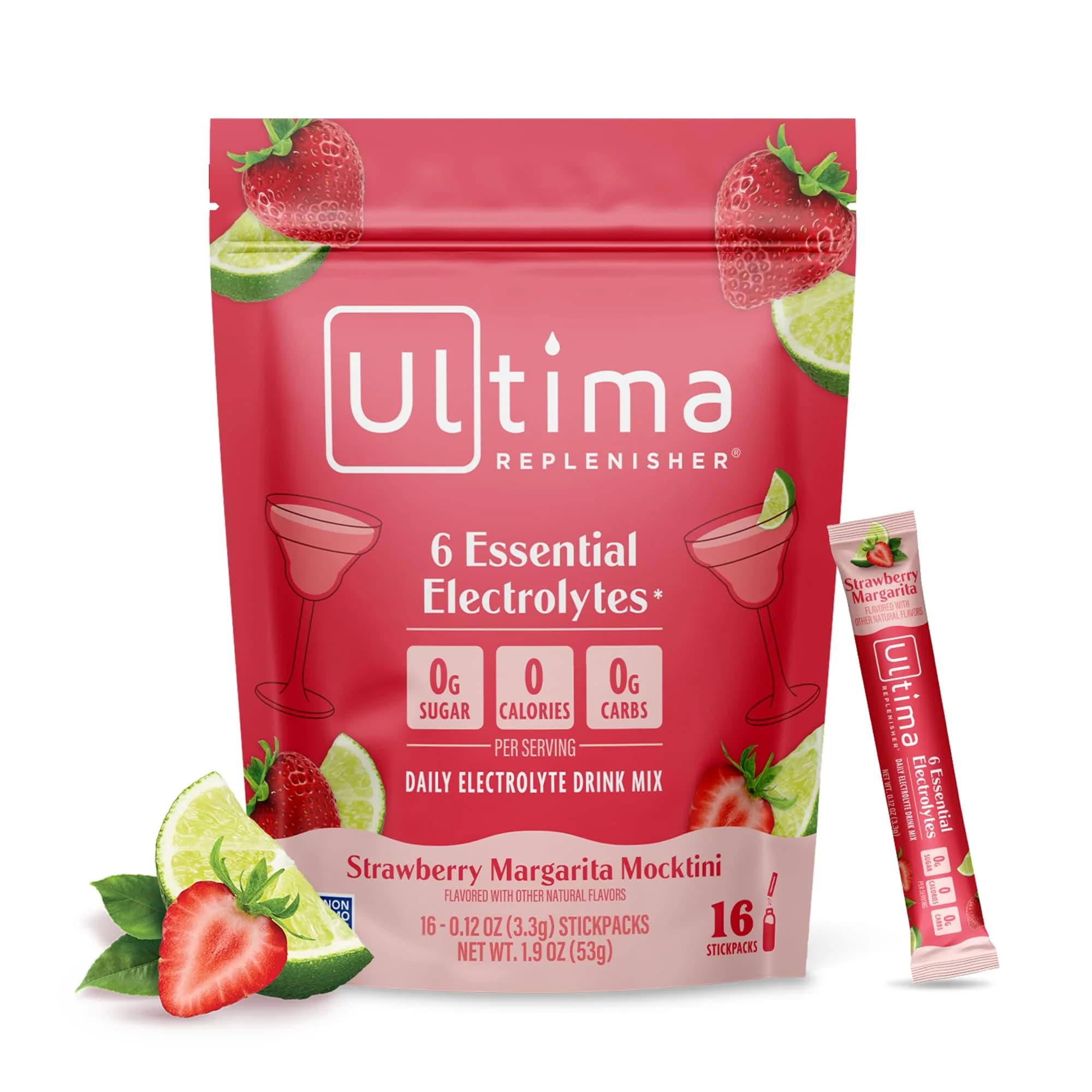 Ultima Replenisher Strawberry Margarita Electrolyte Powder Stick Packs, 16 Count | Sugar Free Hydration with 6 Key Electrolytes - main product image