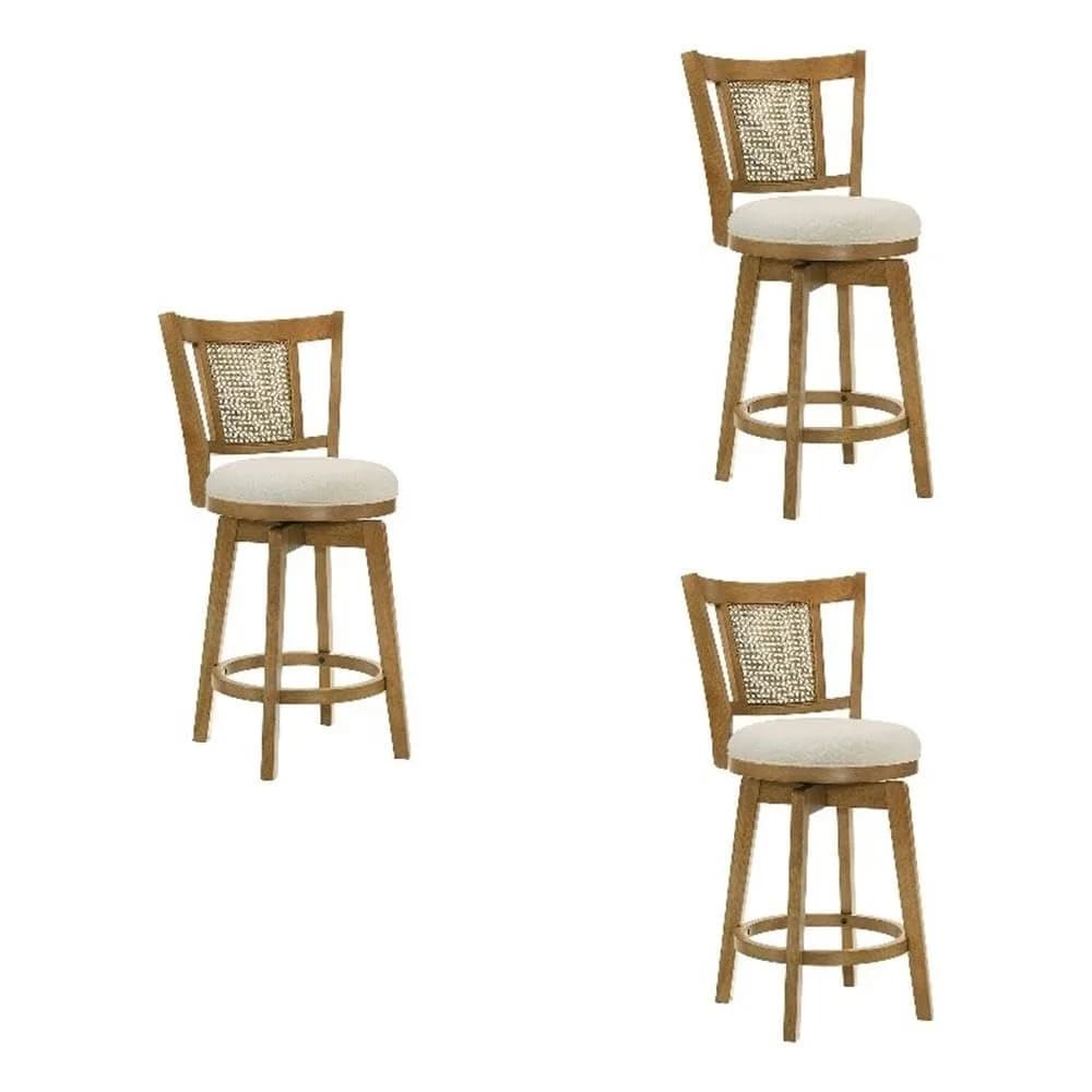 Armen Living Isla 26 in. Amber Glow Counter Height Rubberwood Swivel Barstool with Ivory Fabric Seat - Set of 3