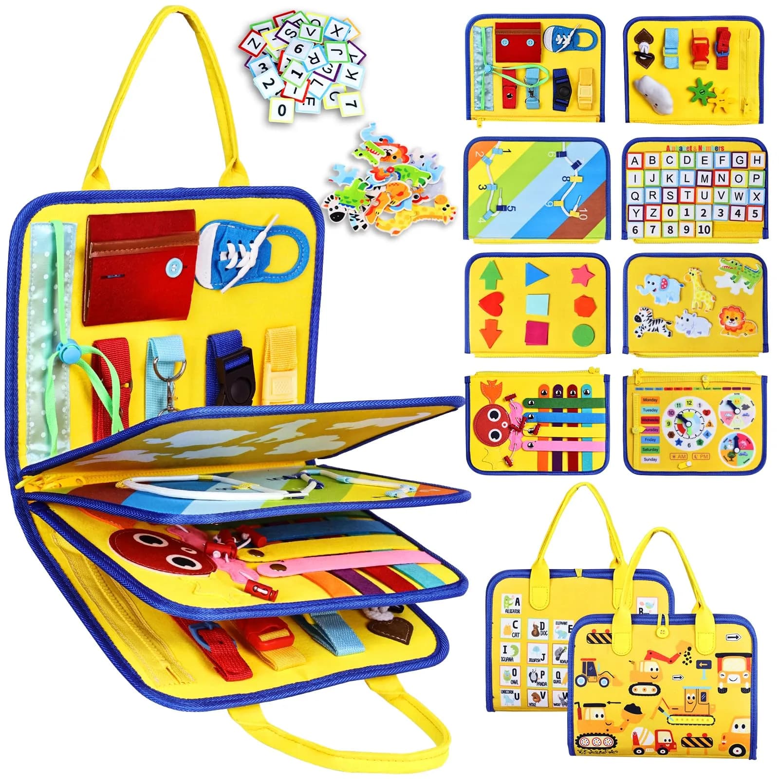 Esjay Toddler Busy Board Montessori Toy with Yellow Truck Pattern, 8 Pages of Activities | USA Imported Educational Learning Toy - main product image