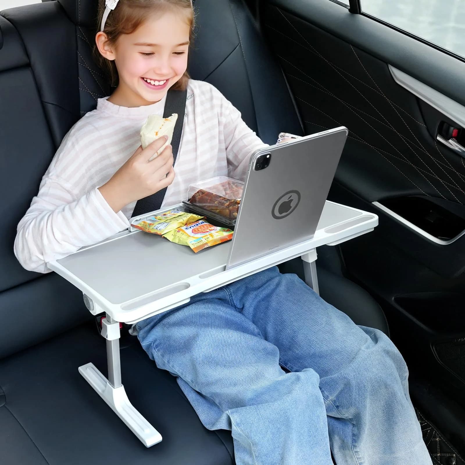 DICMKY Large Car Seat Tray Table | Foldable Travel Lap Desk for Kids & Adults, Height Adjustable, Stable & Space-Saving (about 23.5-33.5cm, 66 lbs load)