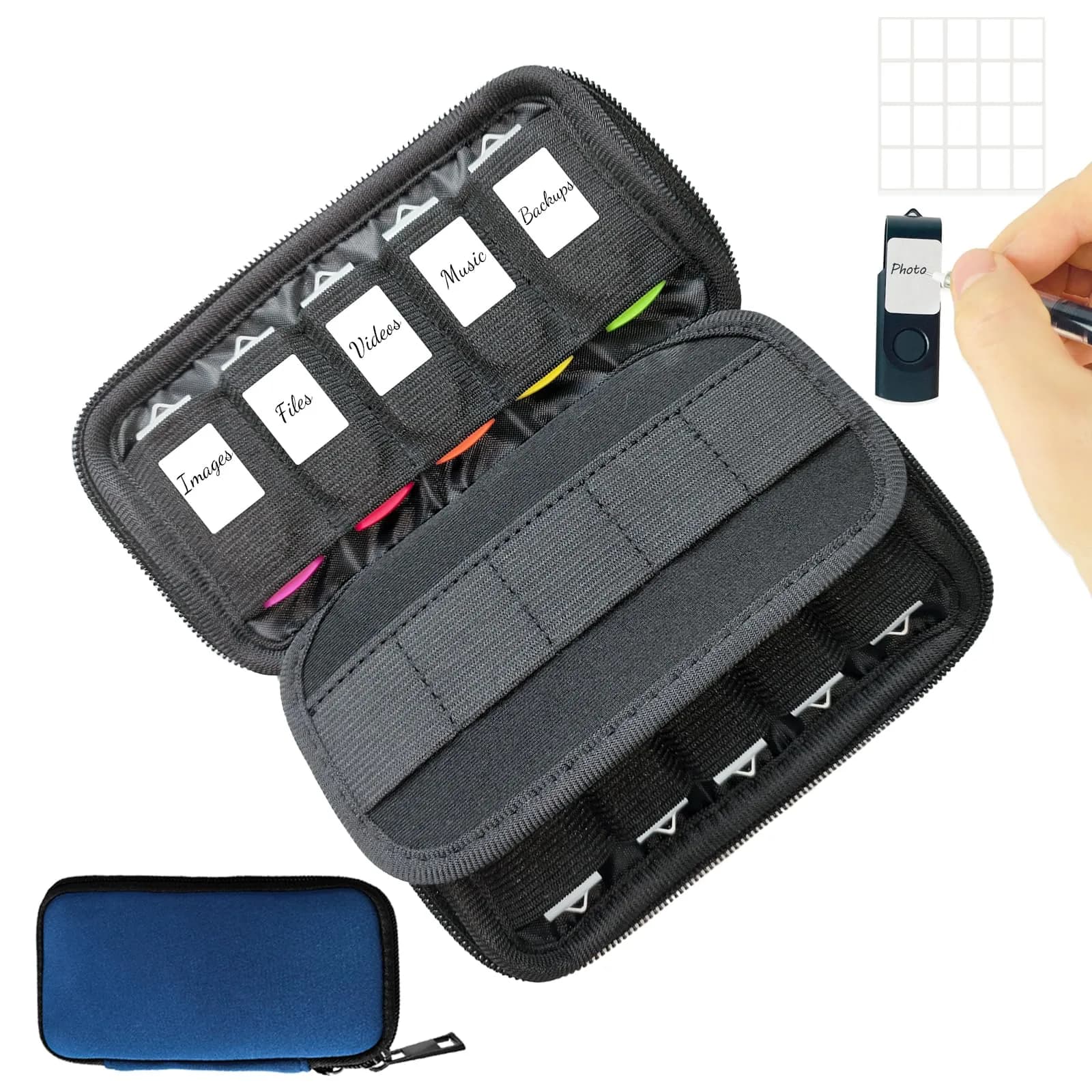 JBOS USB Flash Drive Case with 10 USB Drive Slots and 10 Memory Card Slots Storage Organizer Case Holder | Blue Neoprene - main product image