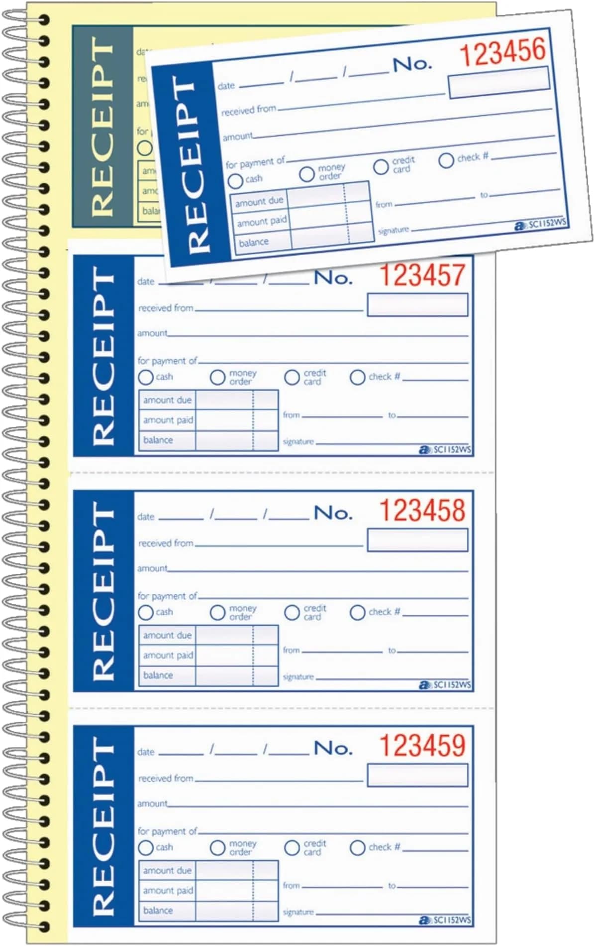 Adams Write 'n Stick Receipt Book, 2-Part, Carbonless, White/Canary, 5.25" x 11" (13.3cm x 27.9cm), Pack of 12 Books | Spiral Bound, 200 Sets per Book - main product image