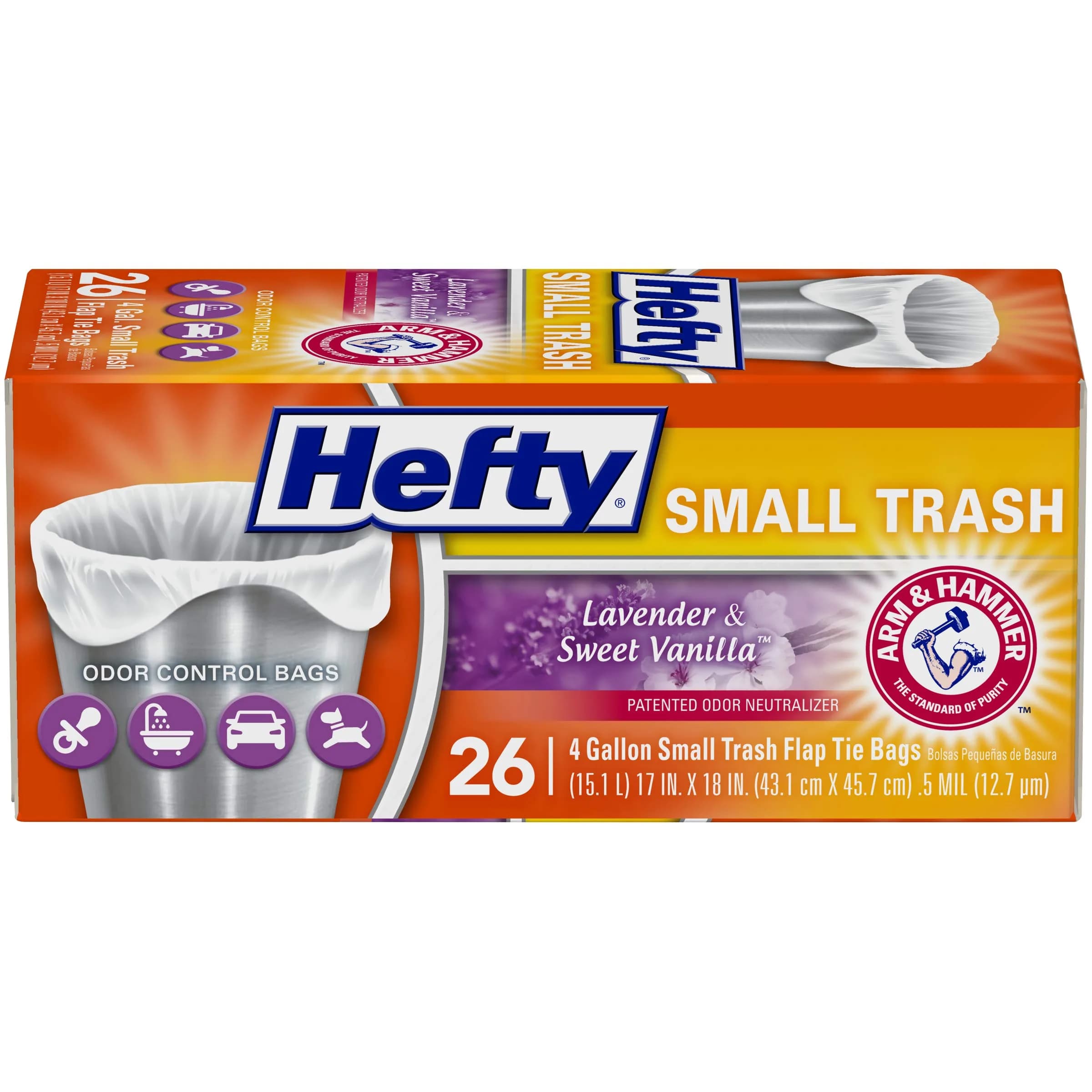 Hefty Flap Tie Small Trash Bags, Lavender & Sweet Vanilla Scent, 4 Gallon, 26 Count | USA Import - main product image