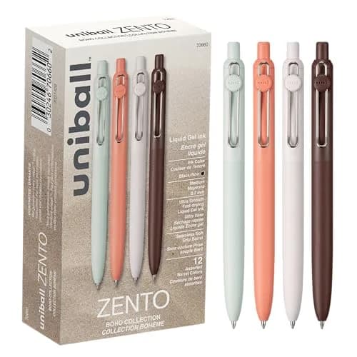 Uni-Ball Zento Liquid Gel Ink Pens Medium Point (0.7mm) Boho Barrels Black Ink, Pack of 12 | Smooth Writing for Students & Professionals - main product image