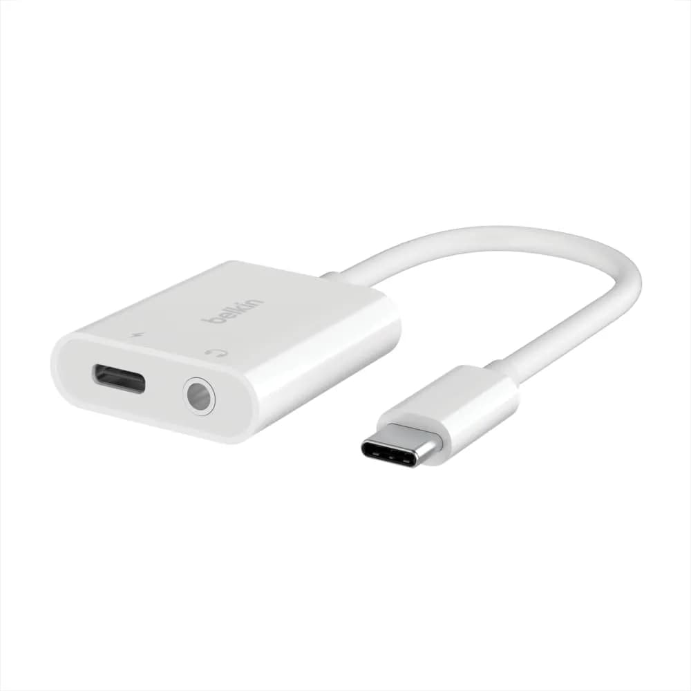 Belkin Rockstar™ 3.5mm Audio with USB-C Charge Adaptor Included, White (Pack of 6) | Dual Port USB-C Audio & Fast Charging