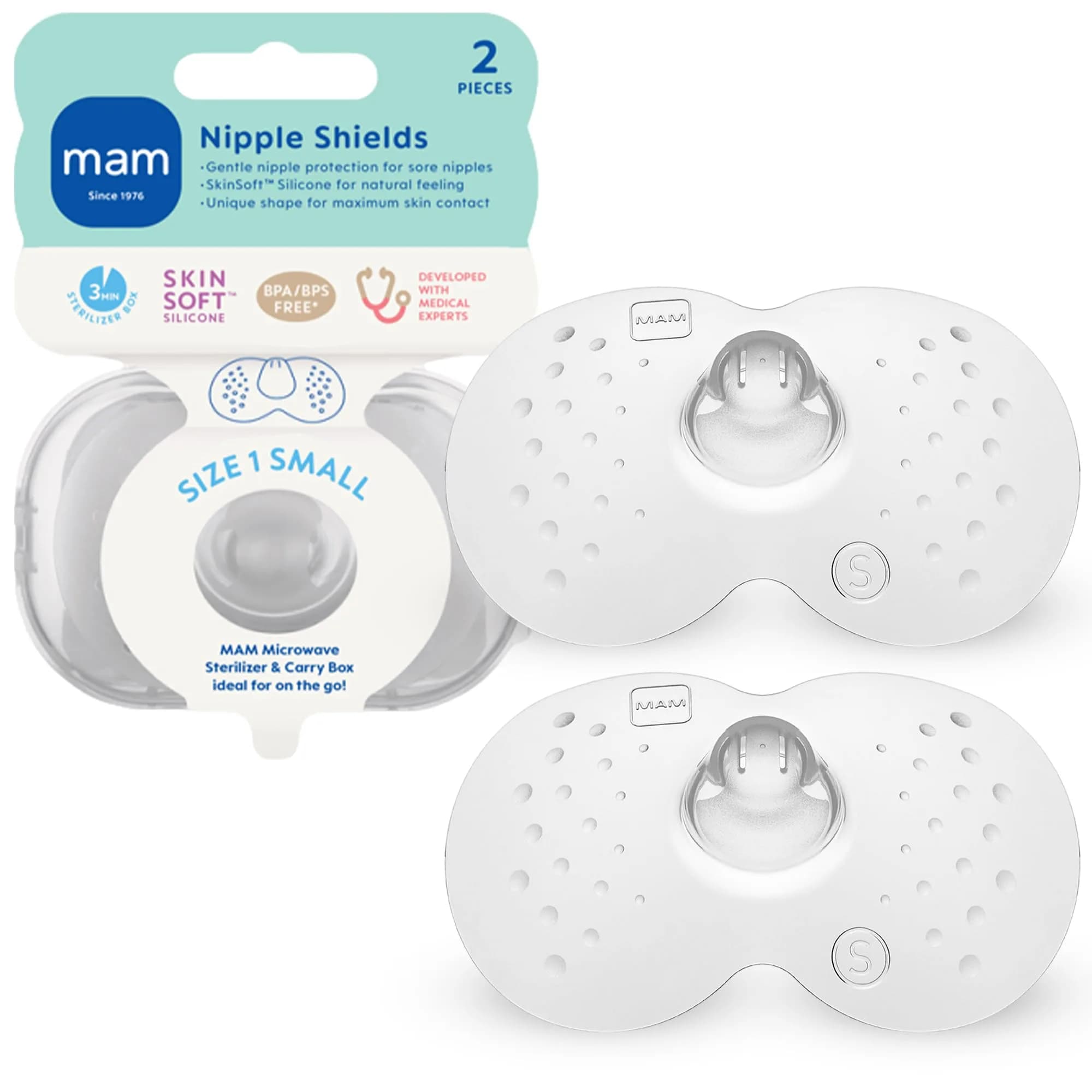 MAM Nipple Shields for Breastfeeding Small 17mm | Protects Sore Nipples, Latch Assist, SkinSoft Silicone, BPA Free, 2 Count (Pack of 6) - main product image