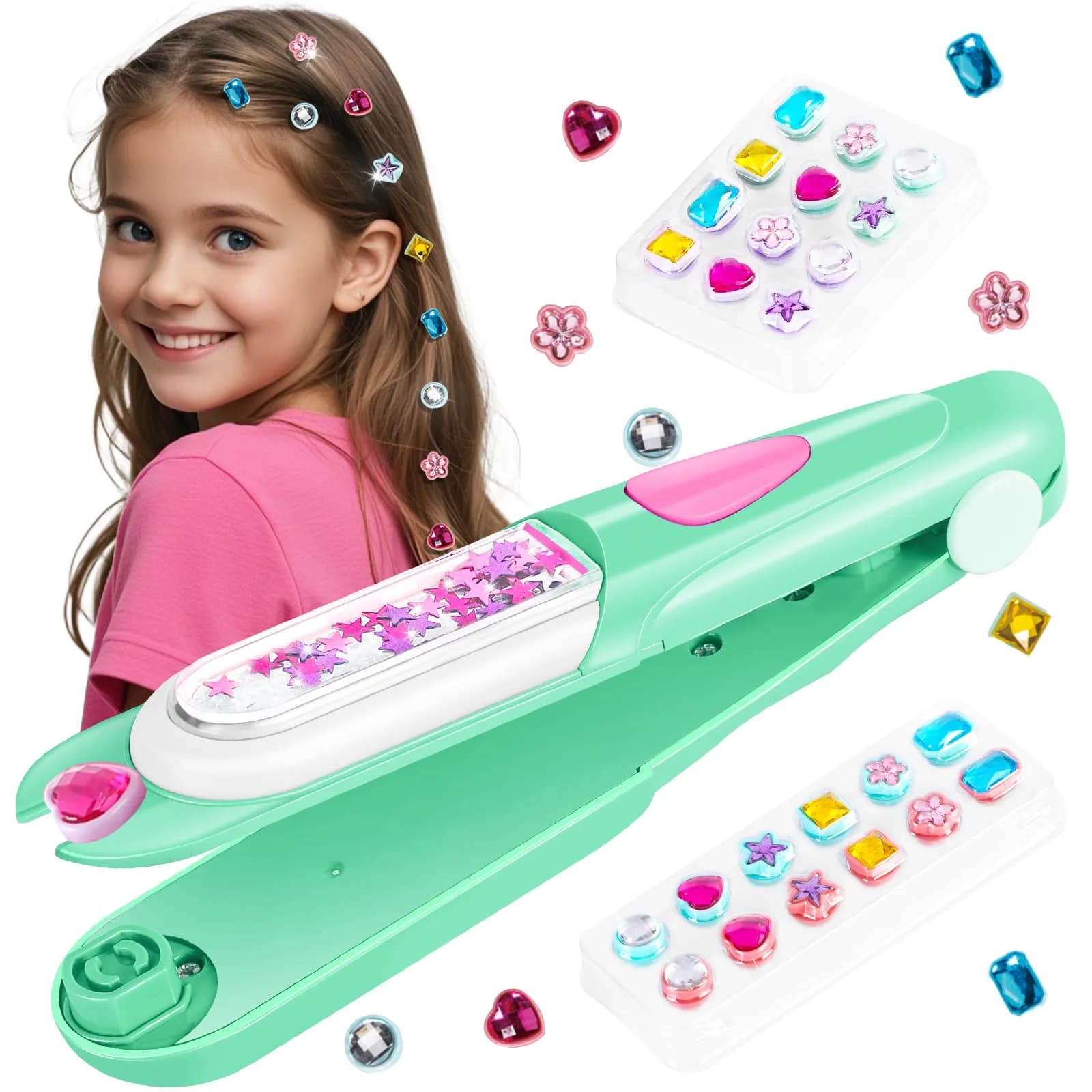 kidzkube Hair Gem Stamper Kit with Reusable Diamonds | Fun Styling Tool for Girls Ages 3-12 (Green) - main product image