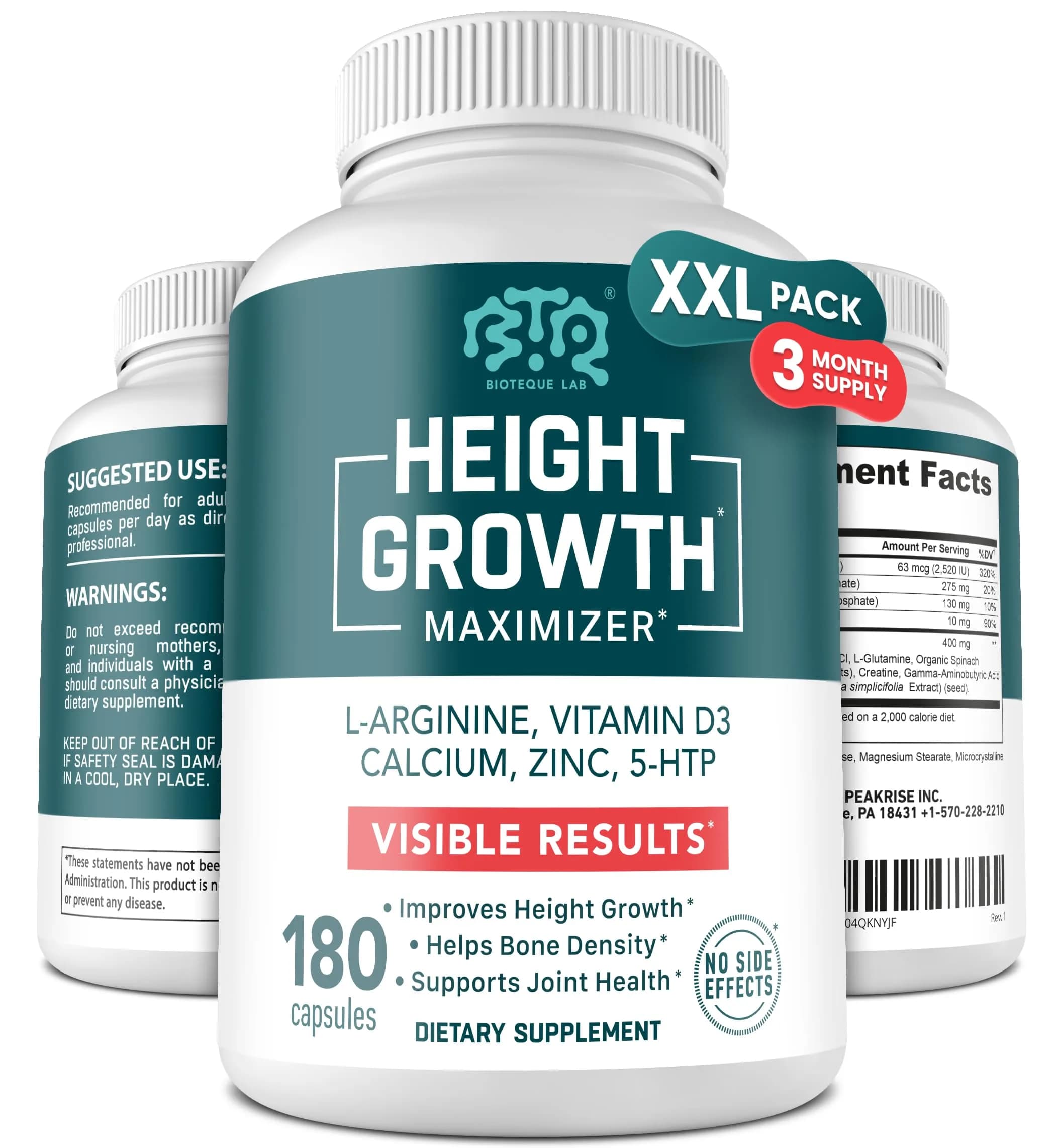 BIOTEQUELAB Height Growth Maximizer, Calcium, Vitamin D3 & Zinc, 180 Caps | Bone Support for Kids & Teens