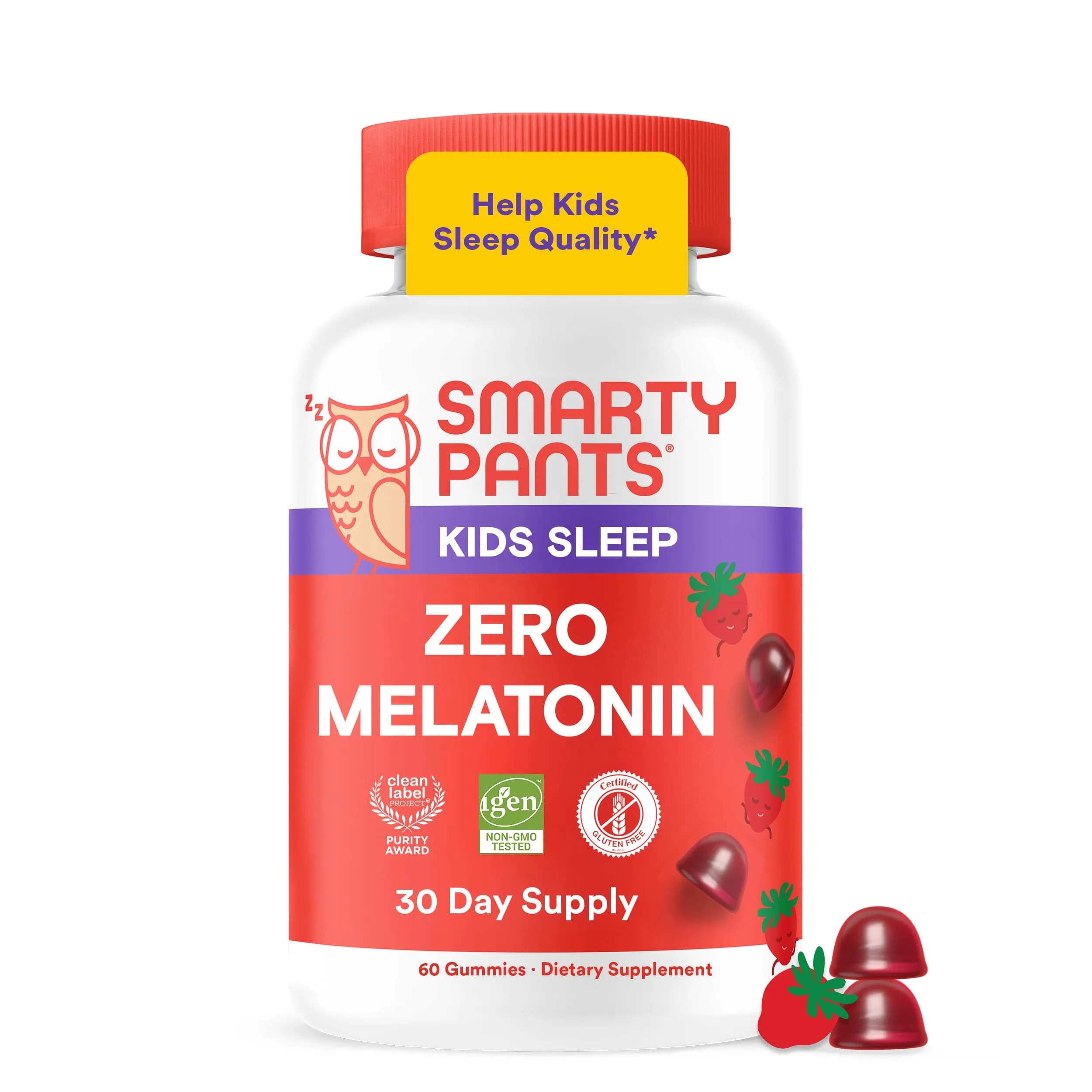 SmartyPants Kids Sleep Zero Melatonin Gummies with L-Theanine, Lemon Balm & Magnesium, Gluten Free, Strawberry Flavor, 60 Gummies | Drug-Free Sleep Support
