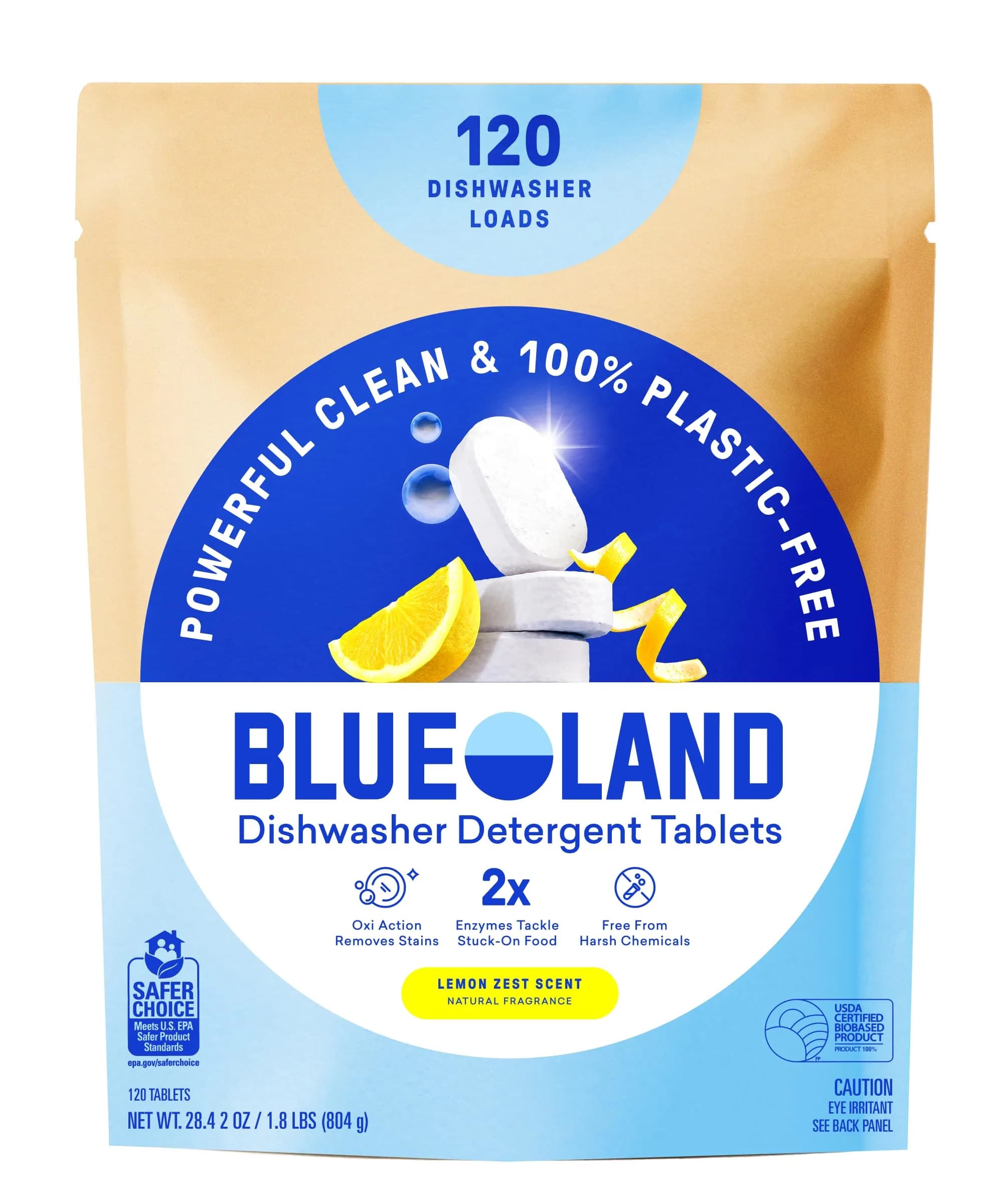 BLUELAND Plastic-Free Dishwasher Detergent Tablets Lemon Zest Scent, 120 Count | Eco Friendly Dishwashing Pods - main product image