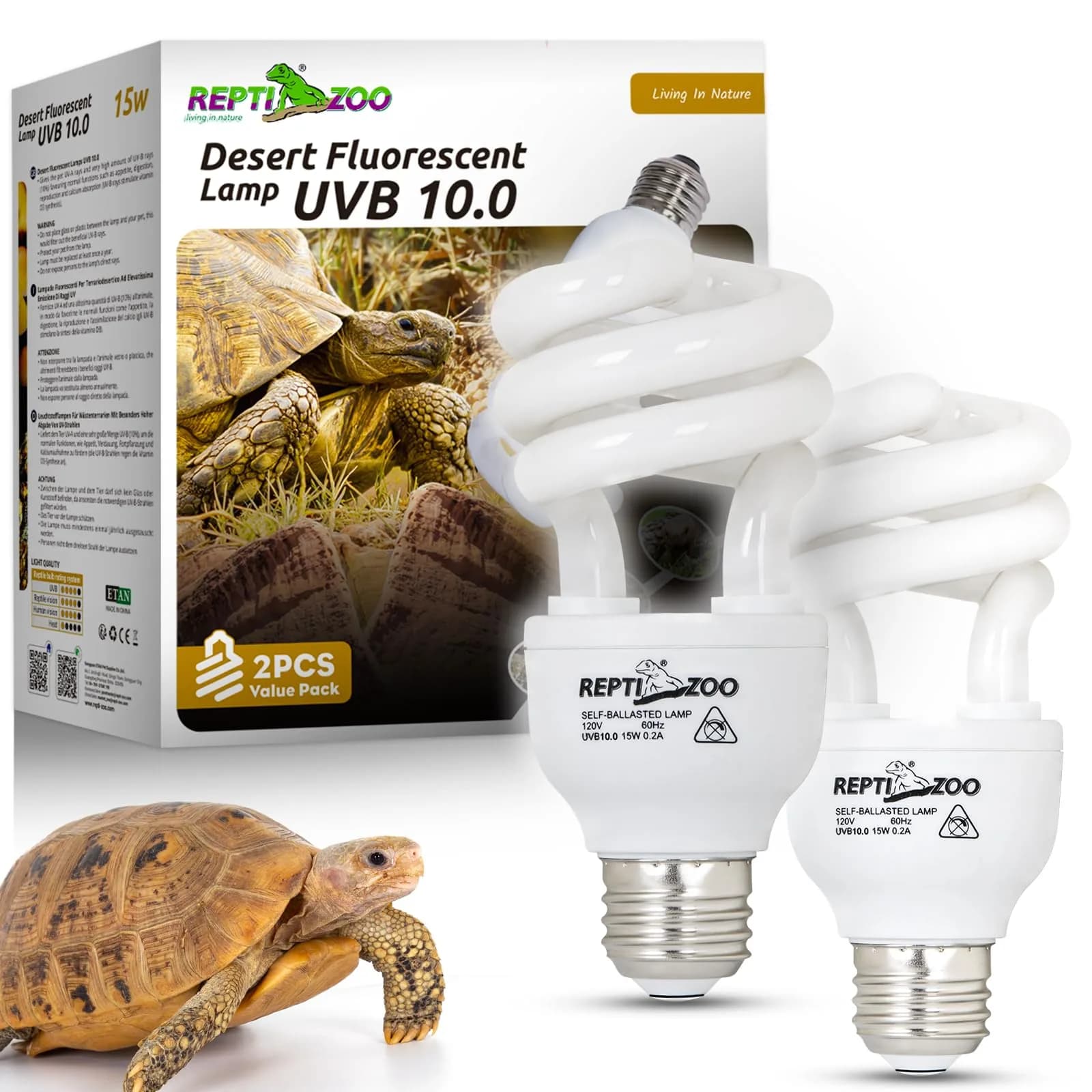 REPTI ZOO 15W UVA UVB Reptile Light Bulb 10.0 2-Pack | Simulates Tropical Sunlight for Bearded Dragons, Tortoises, Lizards, Snakes - main product image