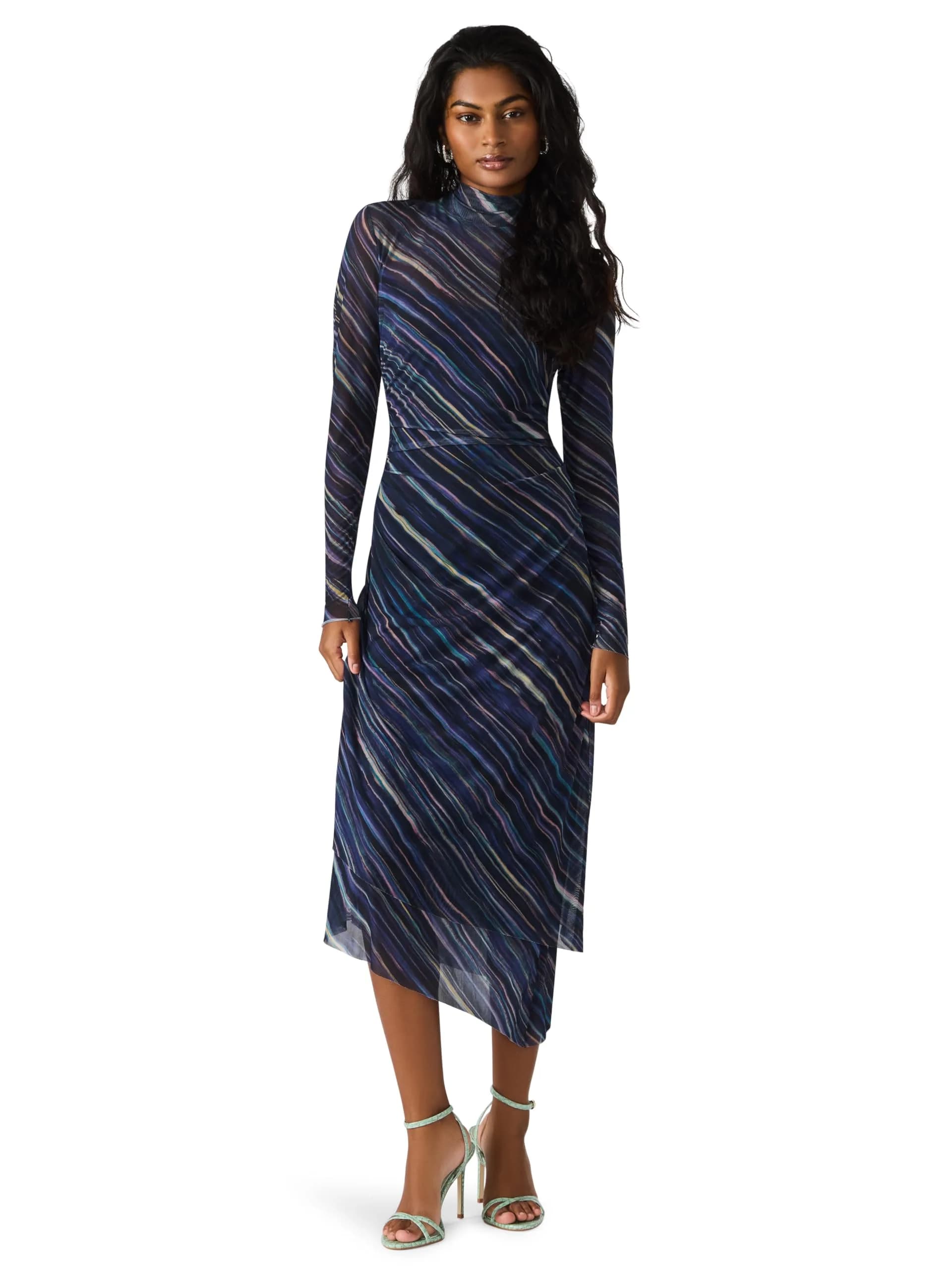 Steve Madden Blare Dress Mid Waist Long Sleeve Pastel Multi | Asymmetrical Hem, Printed Mesh (70-120 chars)