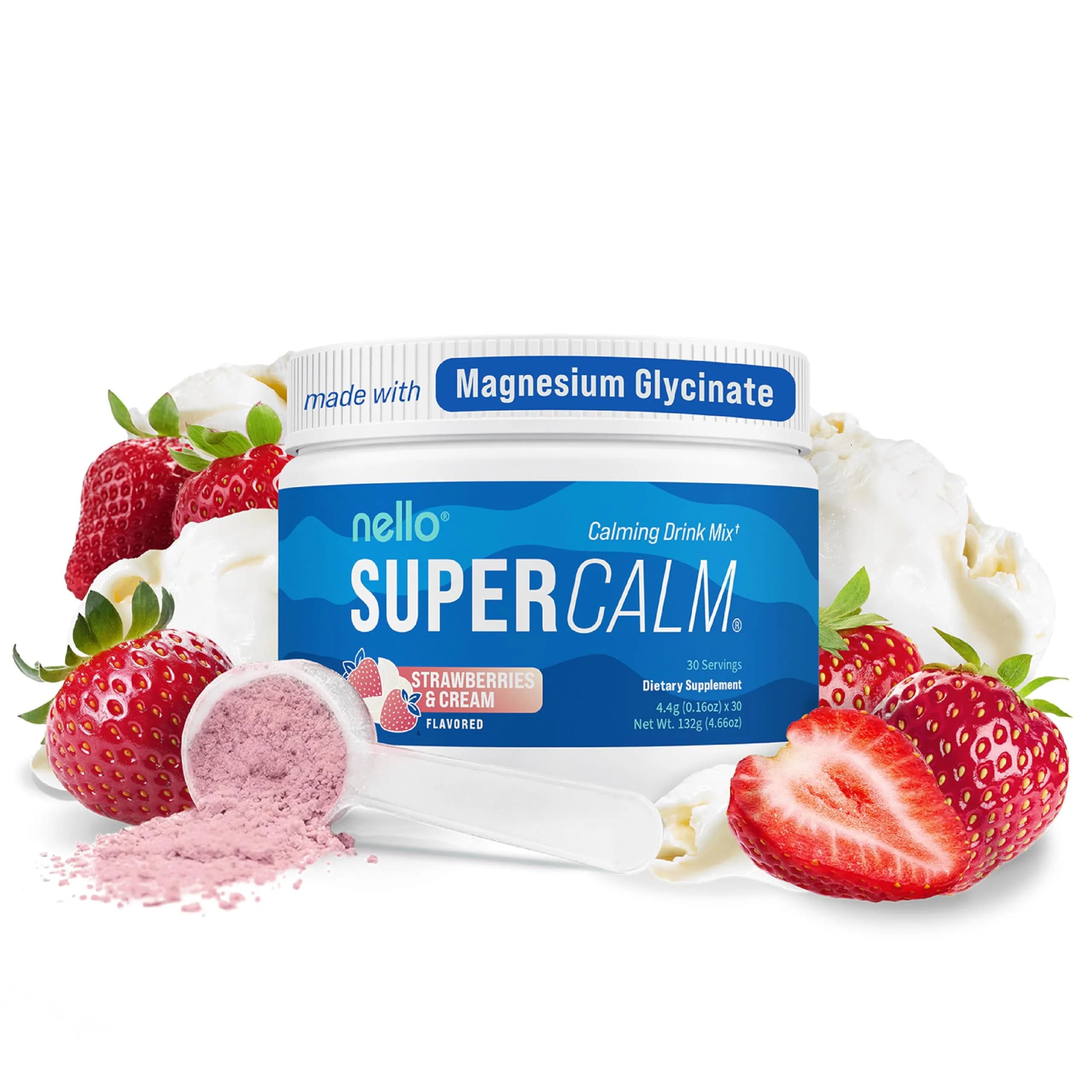 Nello Supercalm Powdered Drink Mix Strawberries & Cream 30 Servings | Cortisol Reducer & Sleep Aid Supplement - main product image