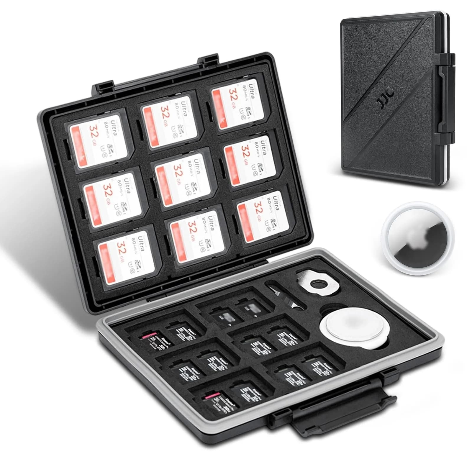 JJC 45-Slot Memory Card Case for 30 Micro SD & 15 SD Cards with AirTag Slot | Water-Resistant, Anti-Shock, Anti-Dust Organizer - main product image