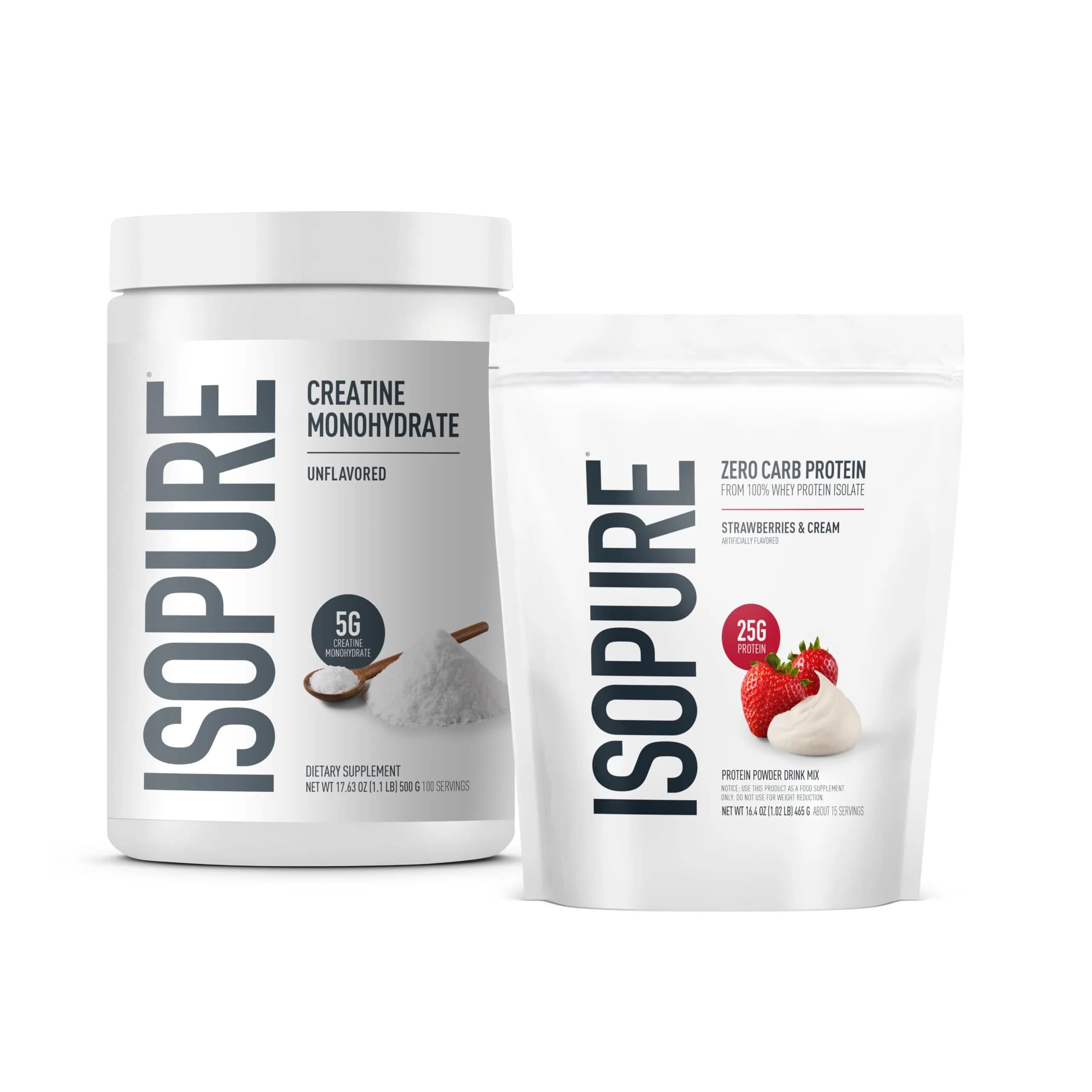 Isopure Zero Carb Whey Protein Isolate Strawberries & Cream (454g (1 Lb), 15 Servings) + Creatine Monohydrate (1.1 Lb, 100 Servings) | High Protein, Zero Carb, USA Import - main product image