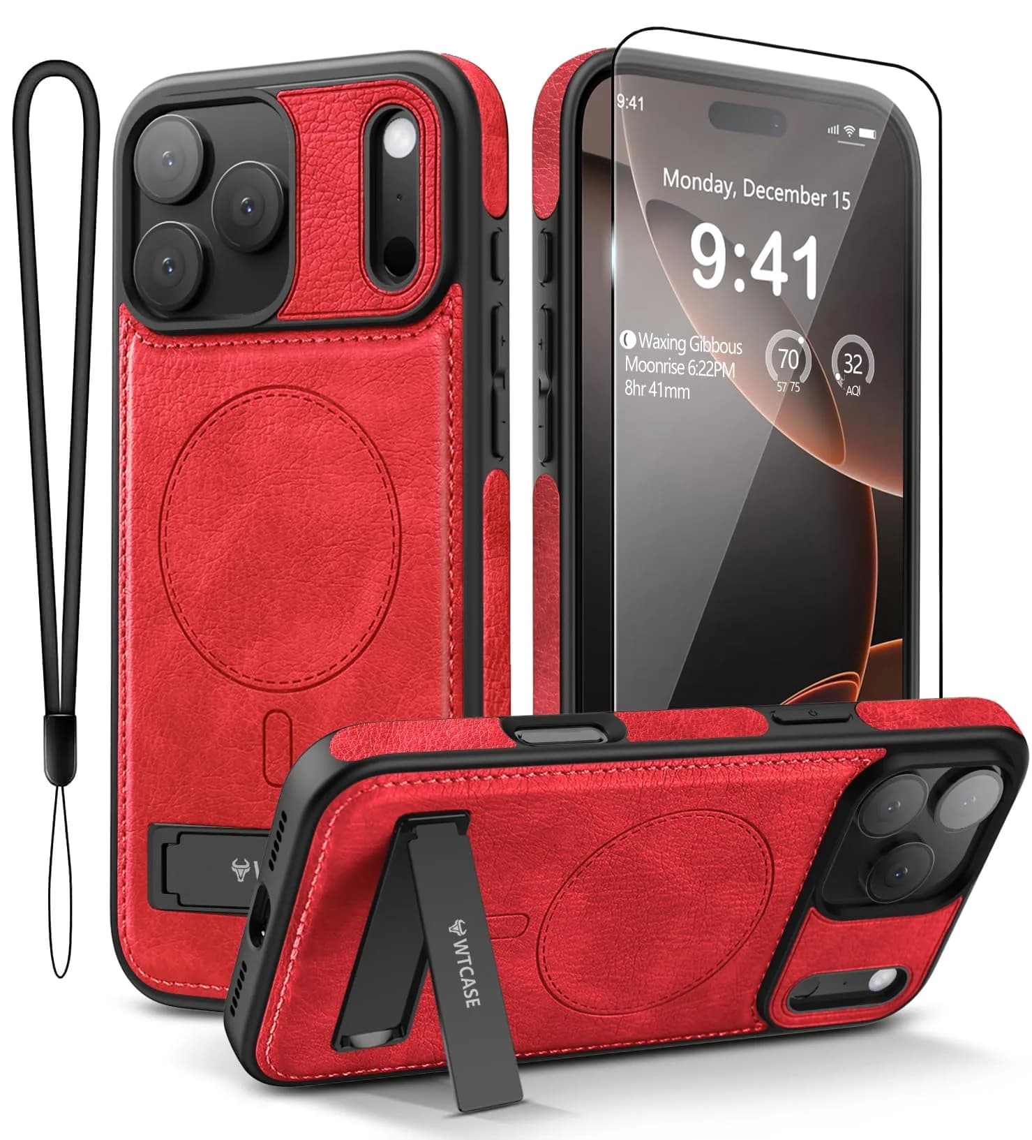 WTCASE Magnetic for iPhone 17 Pro Leather Case | Slim Protective Leather Cover with Built-in Kickstand, MagSafe Compatible, Red