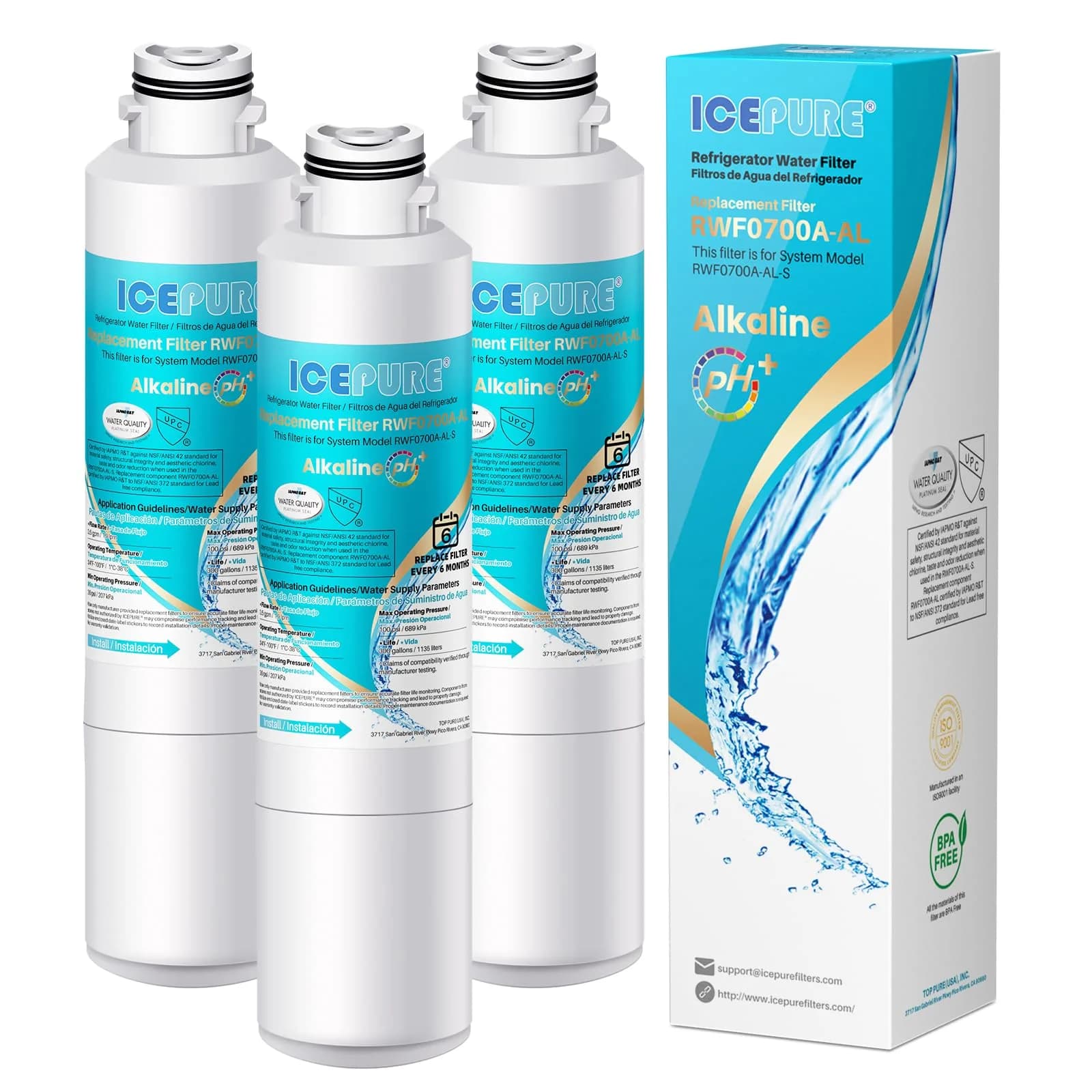 ICEPURE Alkaline DA29-00020B Refrigerator Water Filter 3 Pack | Balances pH & Removes Chlorine - main product image