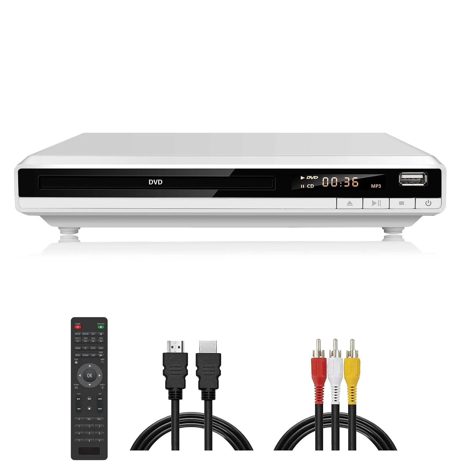 JOVELL DVD Player for TV, Region-Free, 1080P HD, USB & HDMI Output, Supports All Regions, Compact White Model (168)