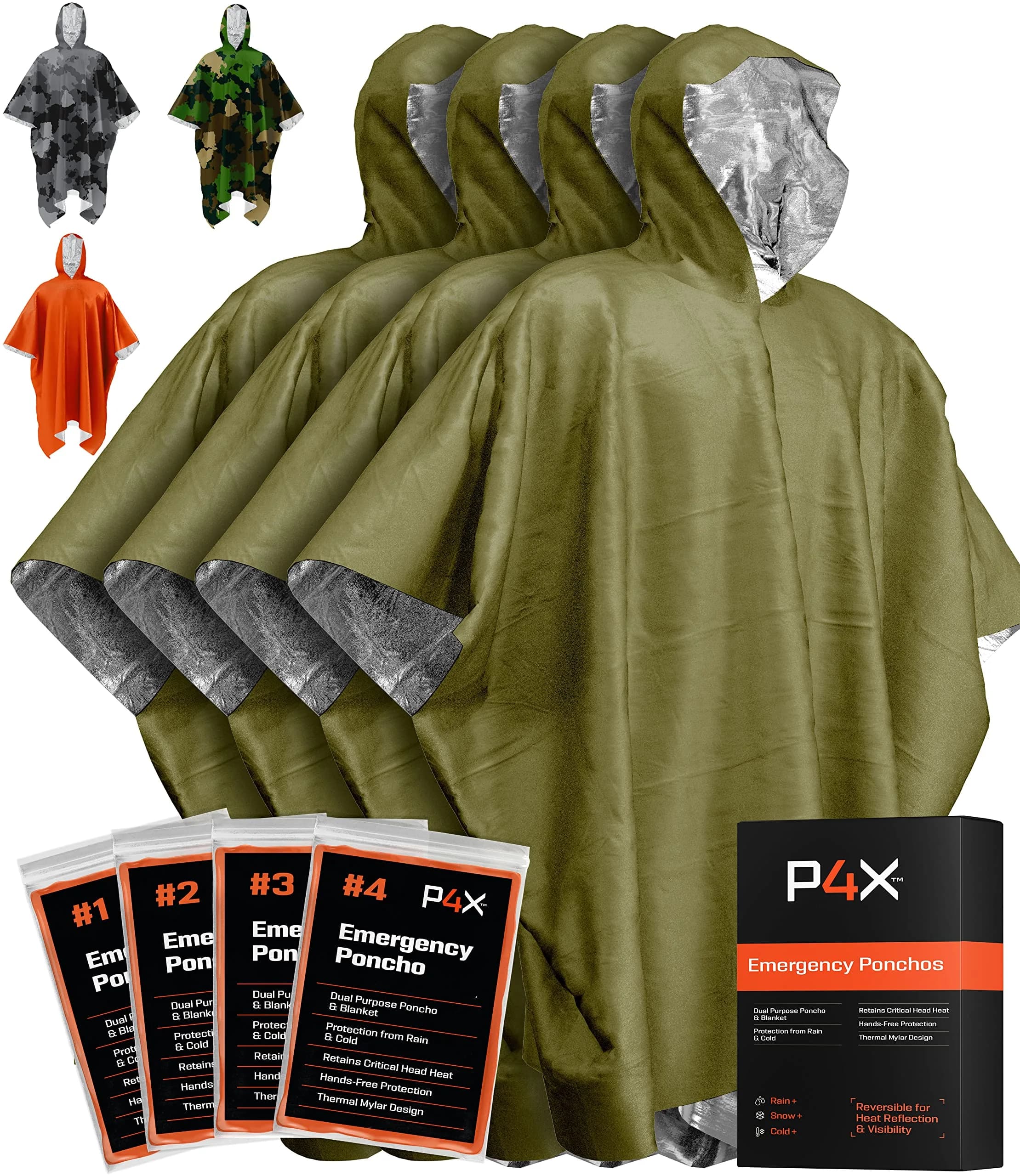 PREPARED4X Emergency Poncho with Mylar Blanket Liner 4 Pack (Blue) | Waterproof, Wind-Resistant Thermal Poncho for Outdoors, Camping, and Car Emergency Kits