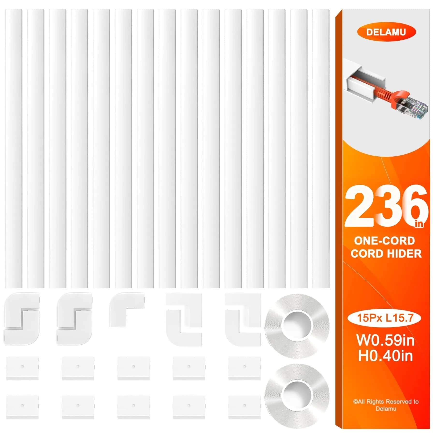 Delamu 236in (600cm) Cord Hider Kit | Paintable Snap-on Wire Cover for Single Wire Management - main product image
