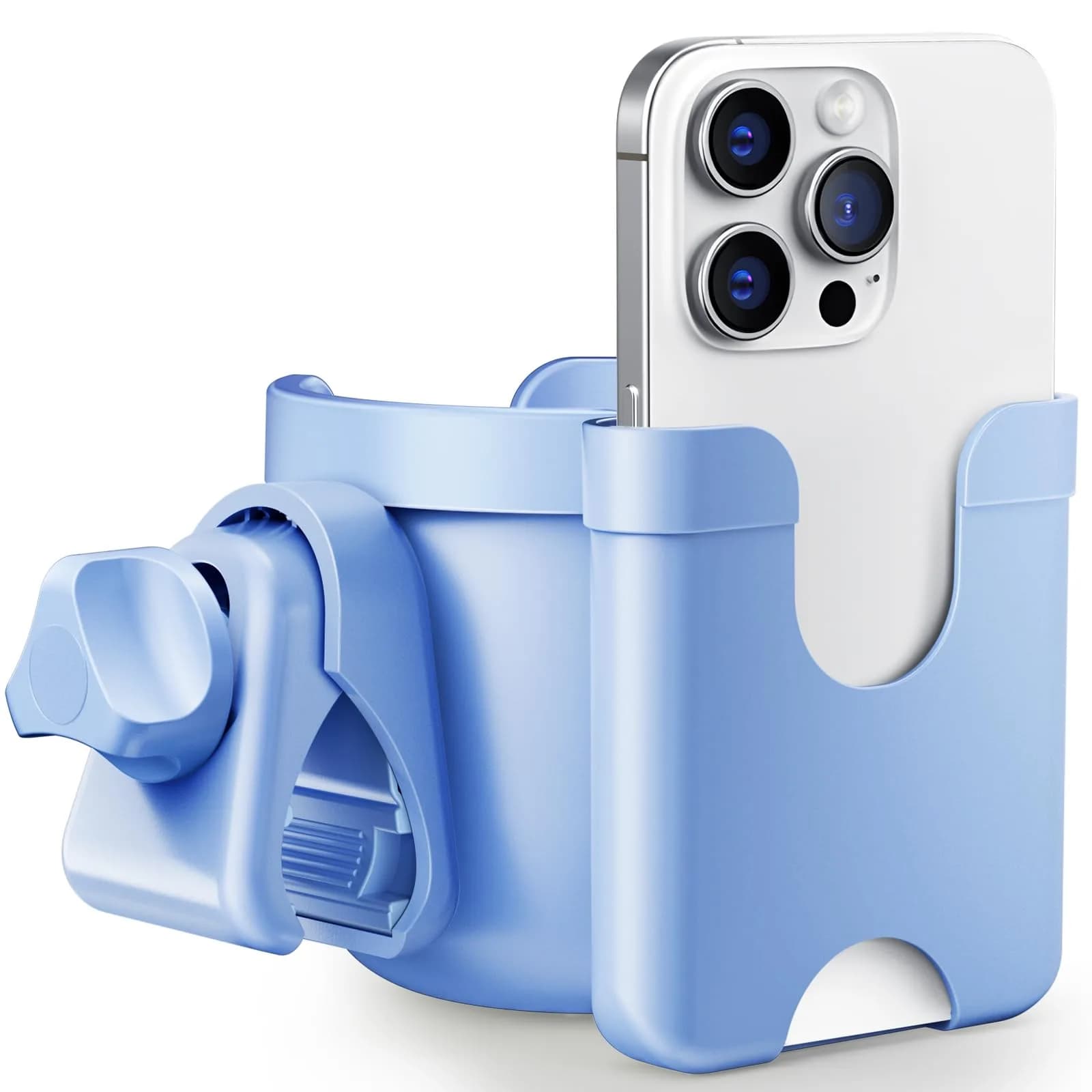 Guiseapue Universal Stroller Cup Holder with Phone Mount, Blue | Fits 0.55"-1.7" Handlebars - main product image