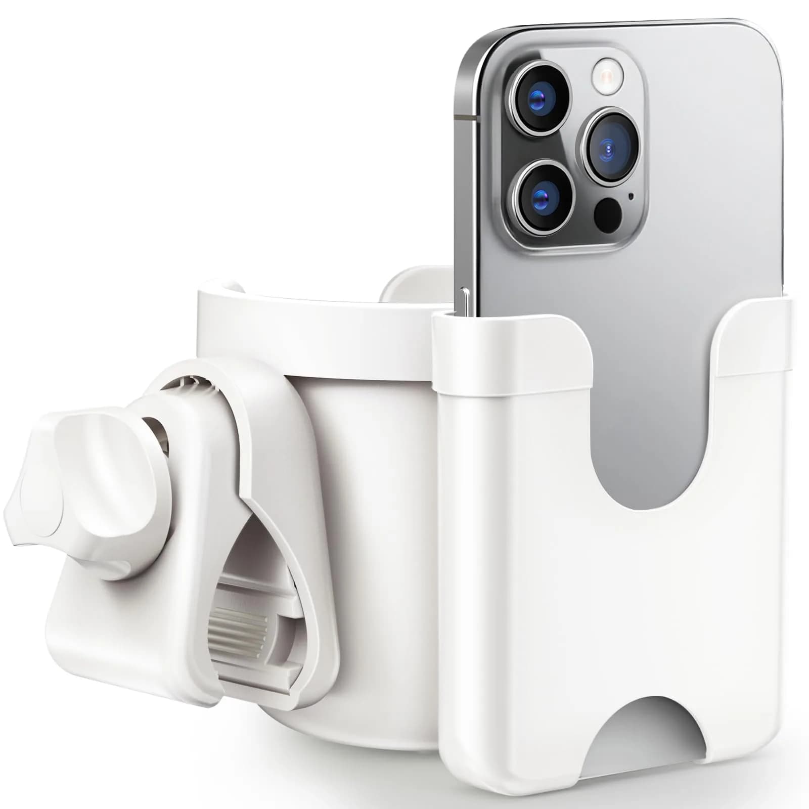 Guiseapue 2-in-1 Stroller Cup Holder with Phone Holder, White | Universal Fit for Bikes & Walkers - main product image