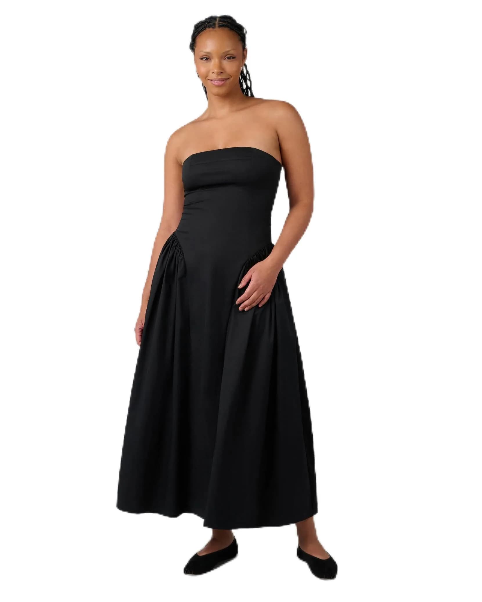 WEWOREWHAT Strapless Corset Ruched Dress 00 | Black, Cotton Stretch, Fall Ready