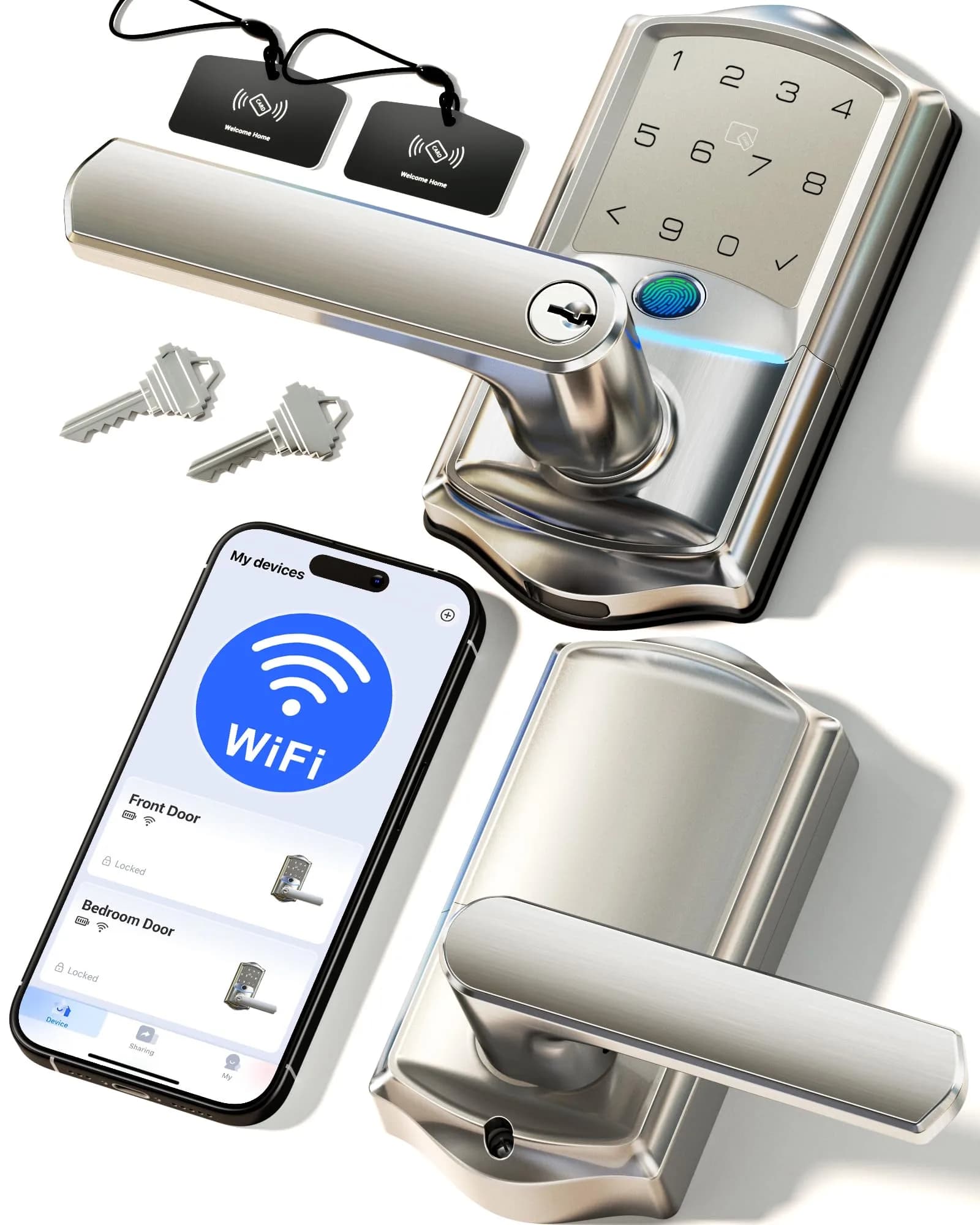 Veise VE029 Wi-Fi Smart Lever Lock with Digital Keypad | All-Weather, App & Voice Control, Satin Nickel