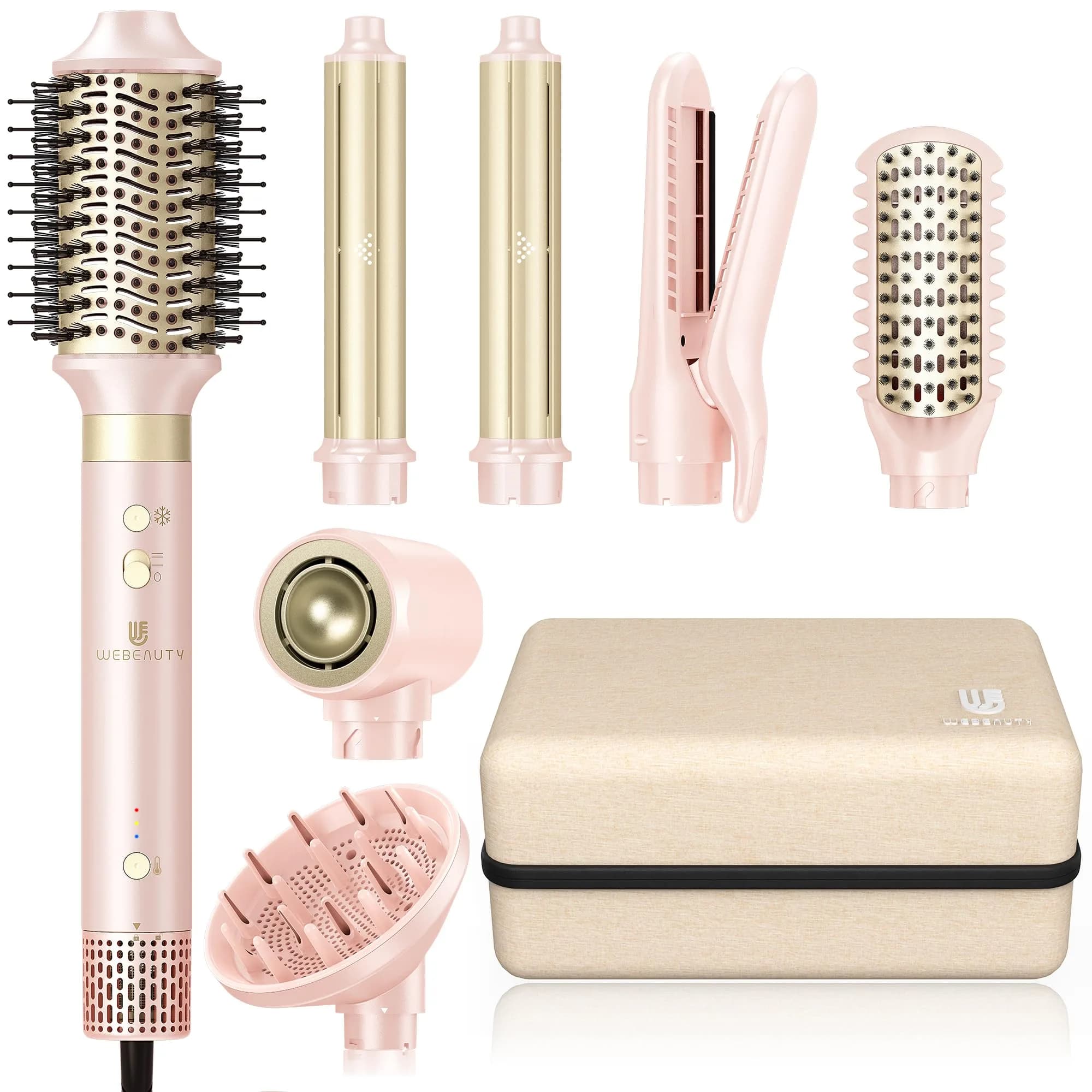webeauty Hair Dryer Brush 8-in-1 Dual Voltage Hot Air Styler | Fast-Drying Ionic Blow Dryer with Attachments, Frizz-Free, Pink