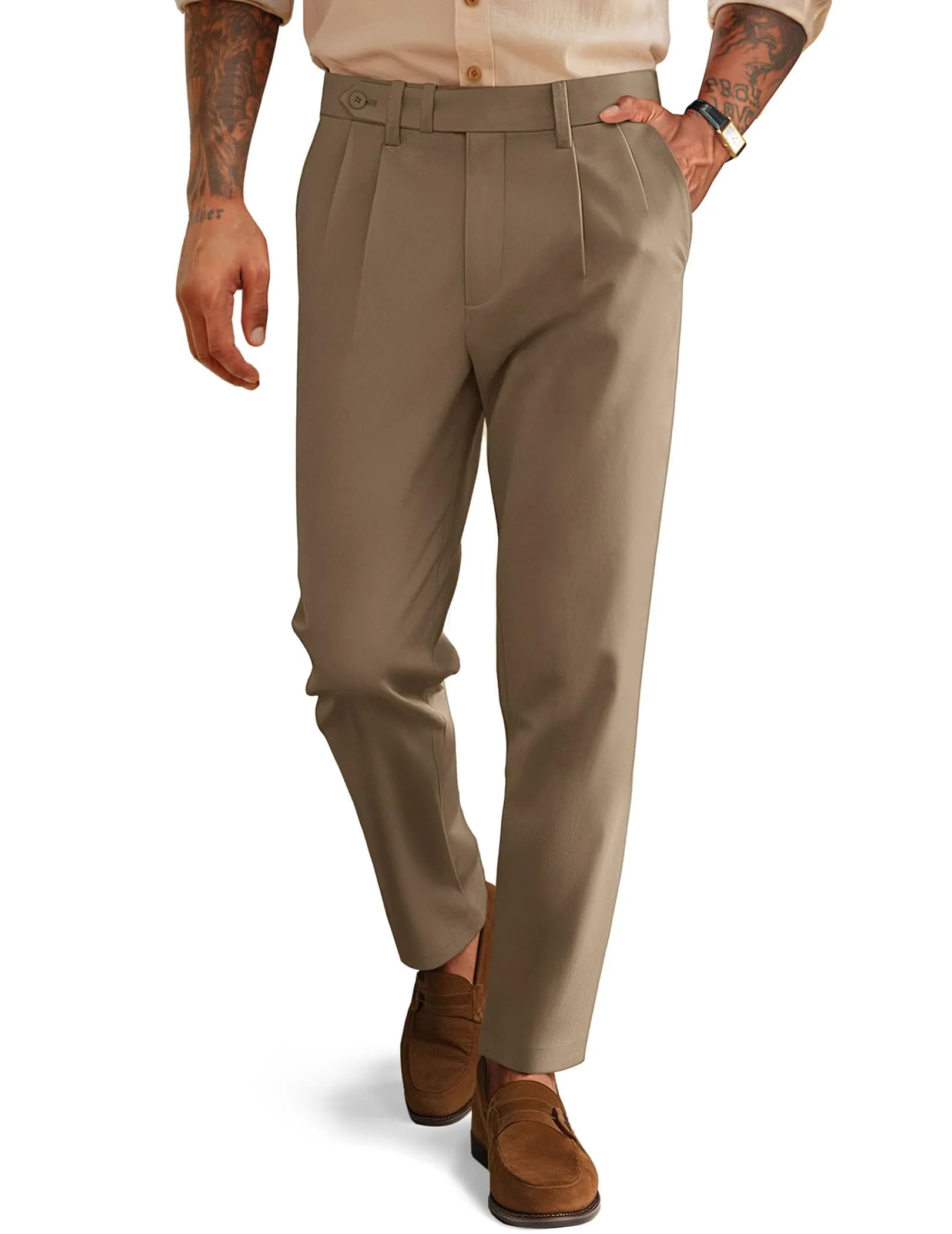 PJ PAUL JONES Mens Dress Pants Pleated Trousers High Waist Tapered Fit Brown M