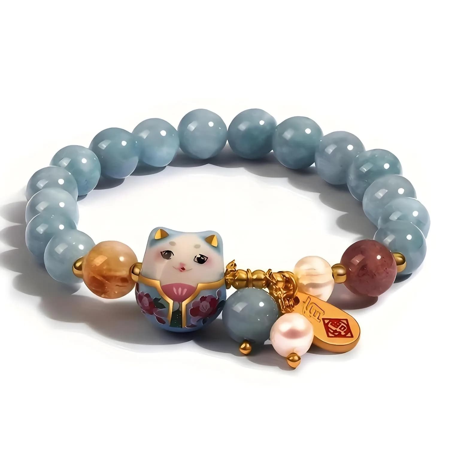 SIXAOAZZ Lucky Cat Bracelet for Women, Feng Shui Wealth Protection Bracelet with Blue Crystal & Ceramic Cat Charm, Adjustable Maneki Neko Good Luck Jewelry Gift
