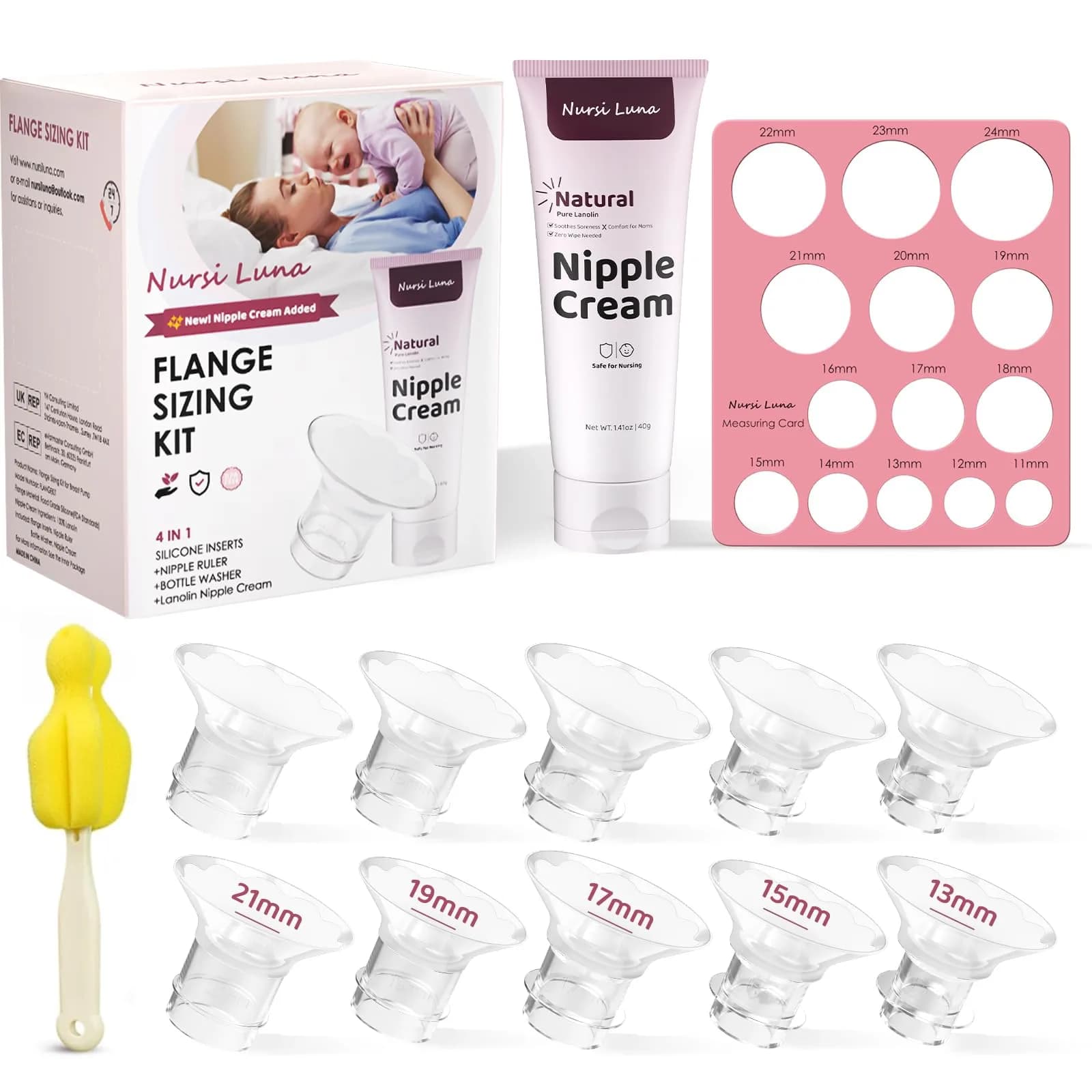 Nursi Luna Flange Sizing Kit (10-Piece) for 24mm Shields | 13-21mm Inserts & Nipple Ruler - main product image