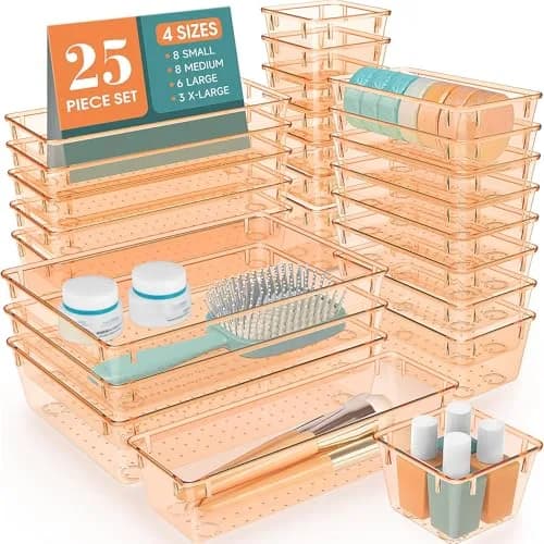 WOWBOX 25 PCS Plastic Drawer Organizer Set, 4 Sizes Clear Orange | Bulk Pack Caddy for Students - main product image
