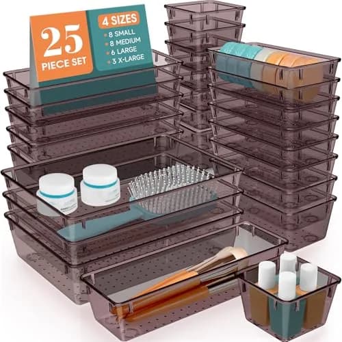 WOWBOX 25 PCS Clear Drawer Organizer Set, 4 Sizes, Brown | Bathroom Drawer Organizer Bulk Pack - main product image