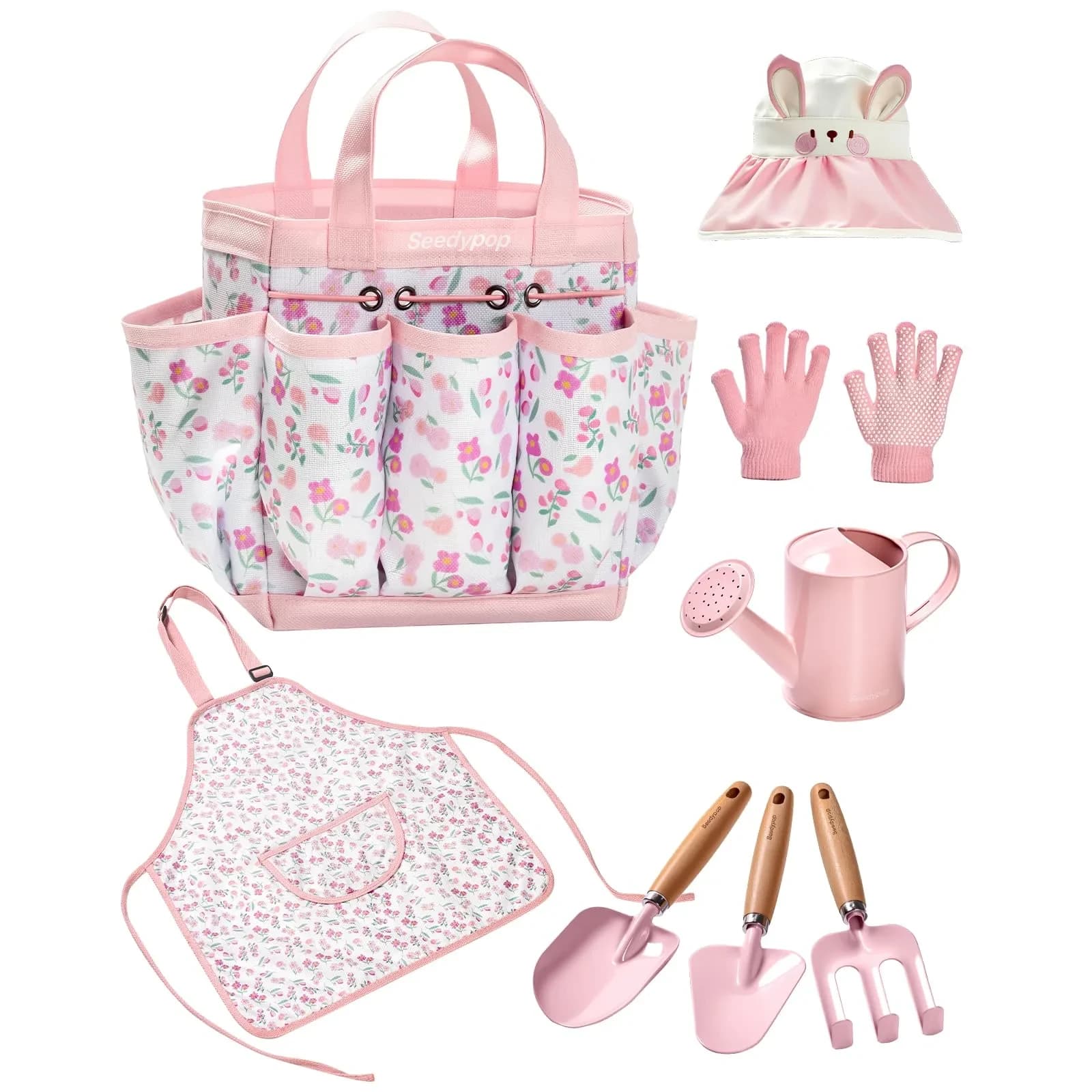 Seedypop Kids Gardening Tool Set with Hat, Apron & Gloves | 8-Piece Pink Flower Set - main product image