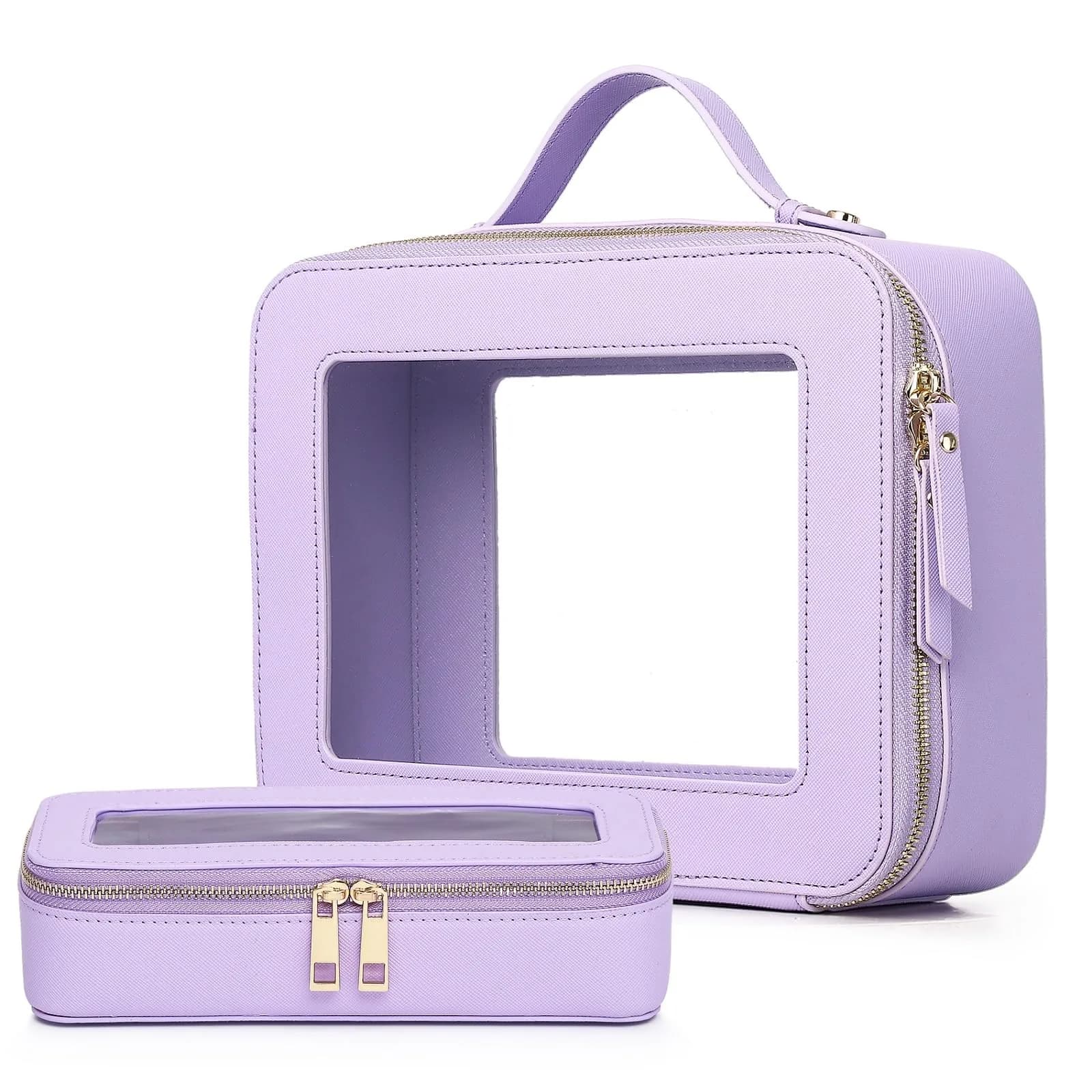 Pinkmik Clear Makeup Bag with Brush Bag, Purple, L+SLIM | TSA Approved Travel Cosmetic Organizer Set - main product image